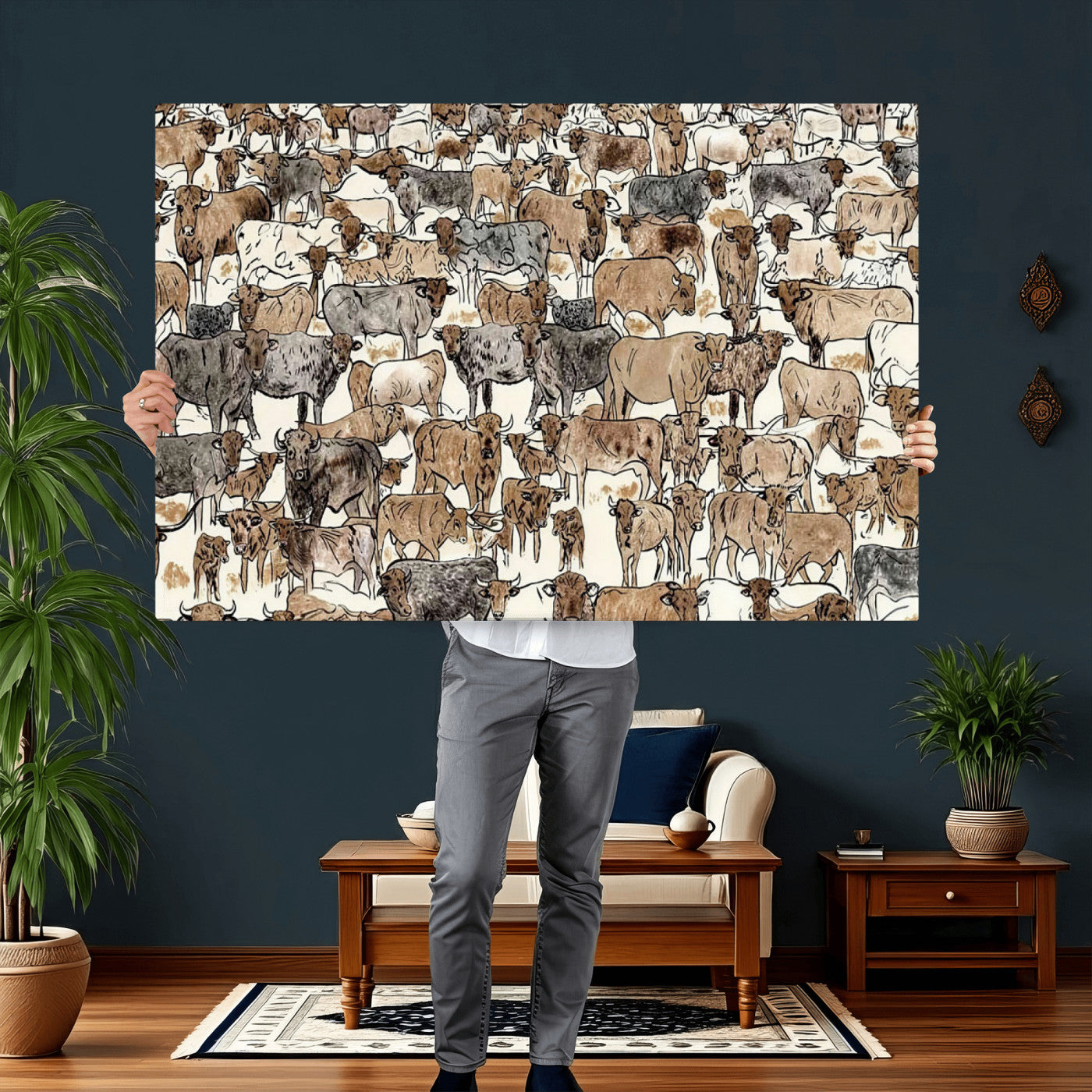 76902119-MGV-CV-36X24 - Farmhouse Animals Wall Art Canvas Print - Abstract Farm Animal Drawing Mid-Century Wall Art for Cabin Decor