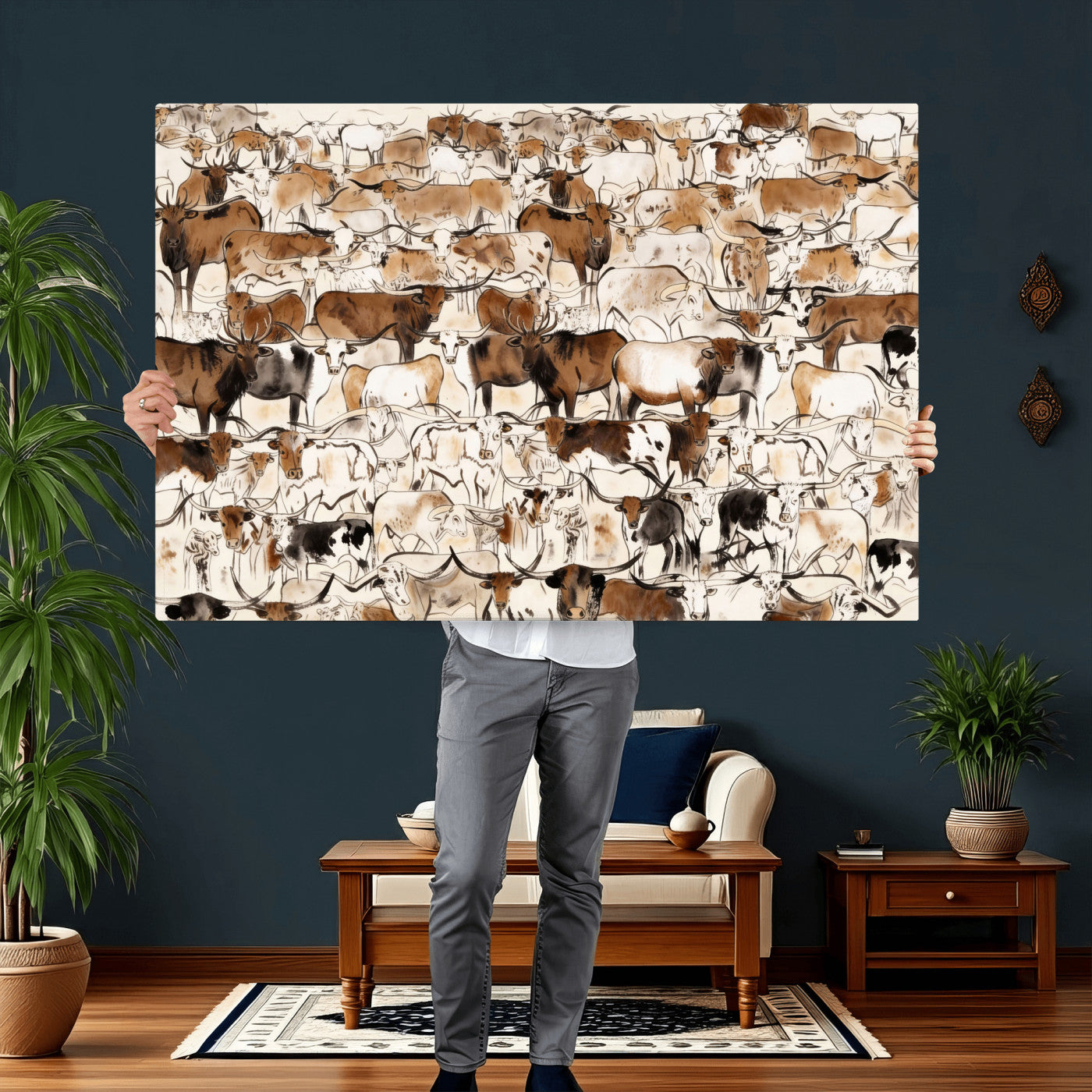 81416572-MGV-CV-36X24 - Farmhouse Animals Wall Art Canvas Print - Abstract Farm Animal Drawing Mid-Century Wall Art for Cabin Decor