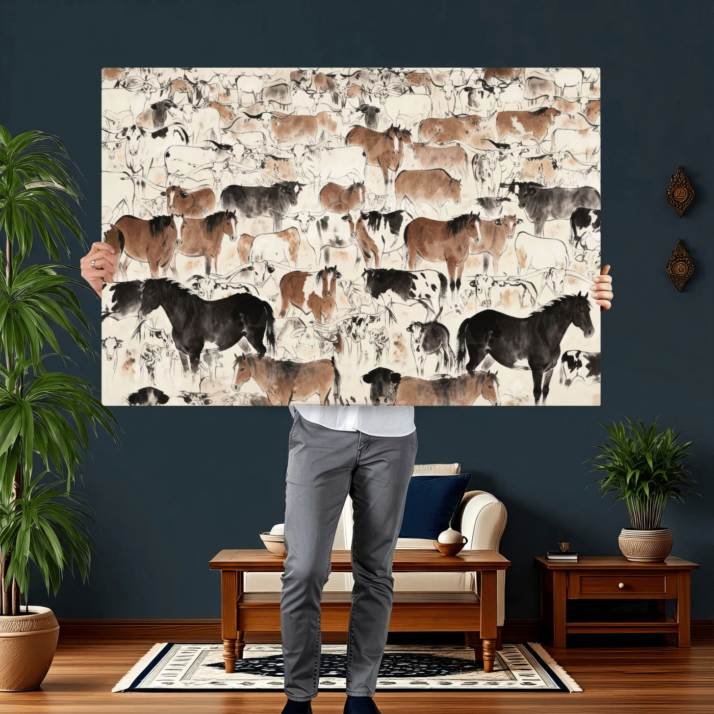74171578-MGV-CV-36X24 - Farmhouse Animals Wall Art Canvas Print - Abstract Farm Animal Drawing Mid-Century Wall Art for Cabin Decor
