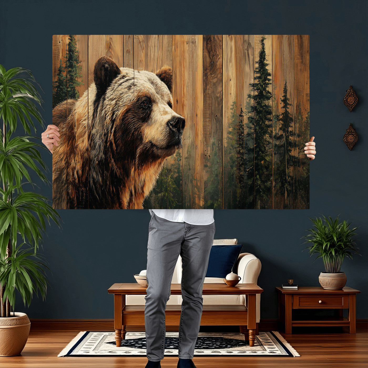 75645180-MGV-CV-36X24 - Grizzly Bear Wall Art Canvas Print, Rustic Wildlife Bear Artwork, Forest Animal Painting, Cabin Lodge Nature Wall Decor