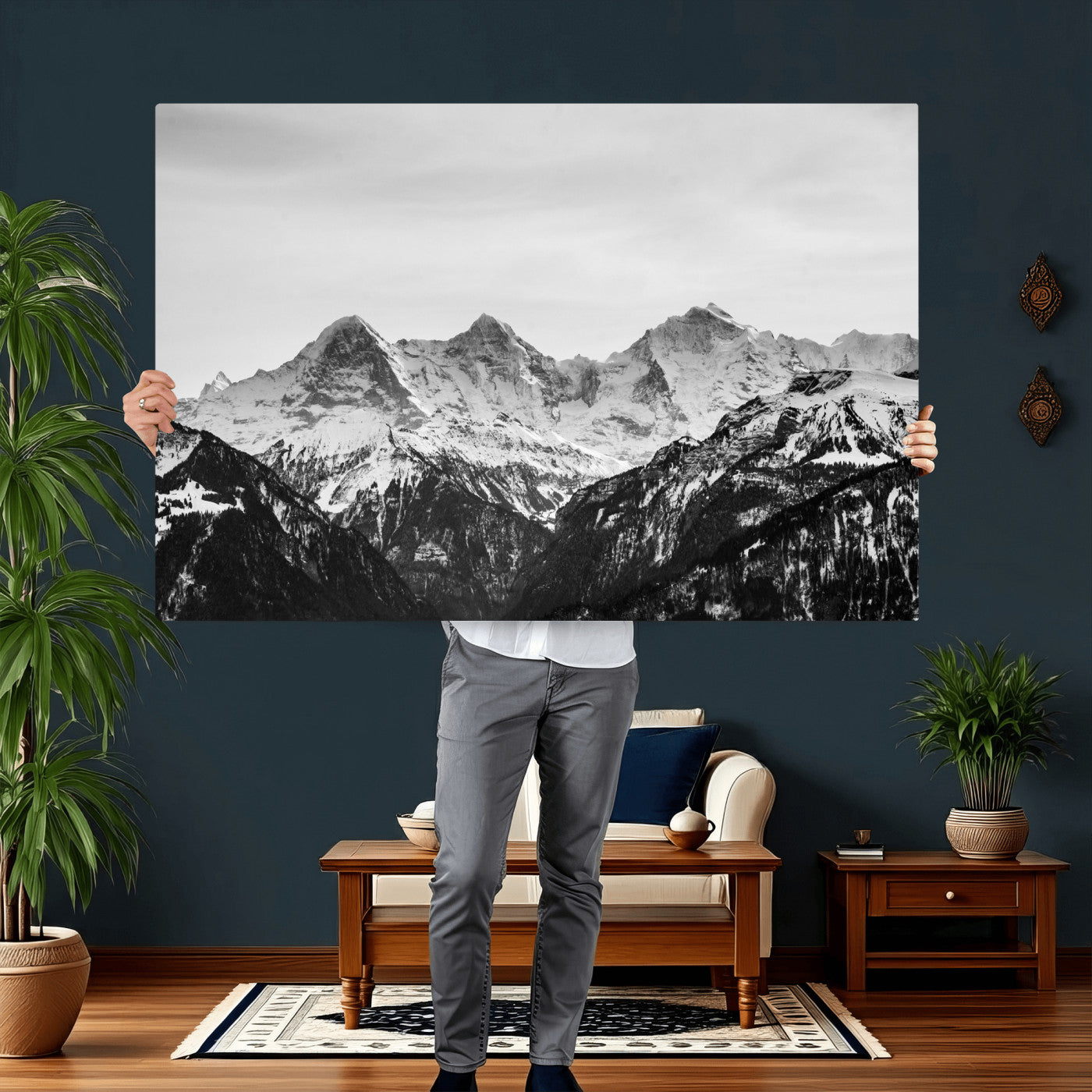 85684934-MGV-CV-36X24 - Black and White Mountain Wall Art Canvas Print, Snowy Alpine Peaks Landscape Photography, Minimal Monochrome Mountain Art, Scenic Nature Wall Decor