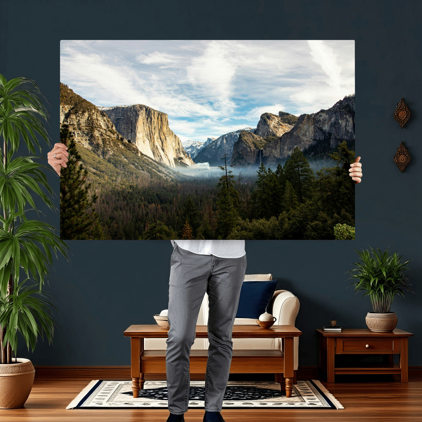 15089394-MGV-CV-36X24 - Yosemite Valley Mountain Landscape Wall Art Canvas Print, Granite Cliff Forest Valley Canvas Print, California National Park Scenic Art Printing