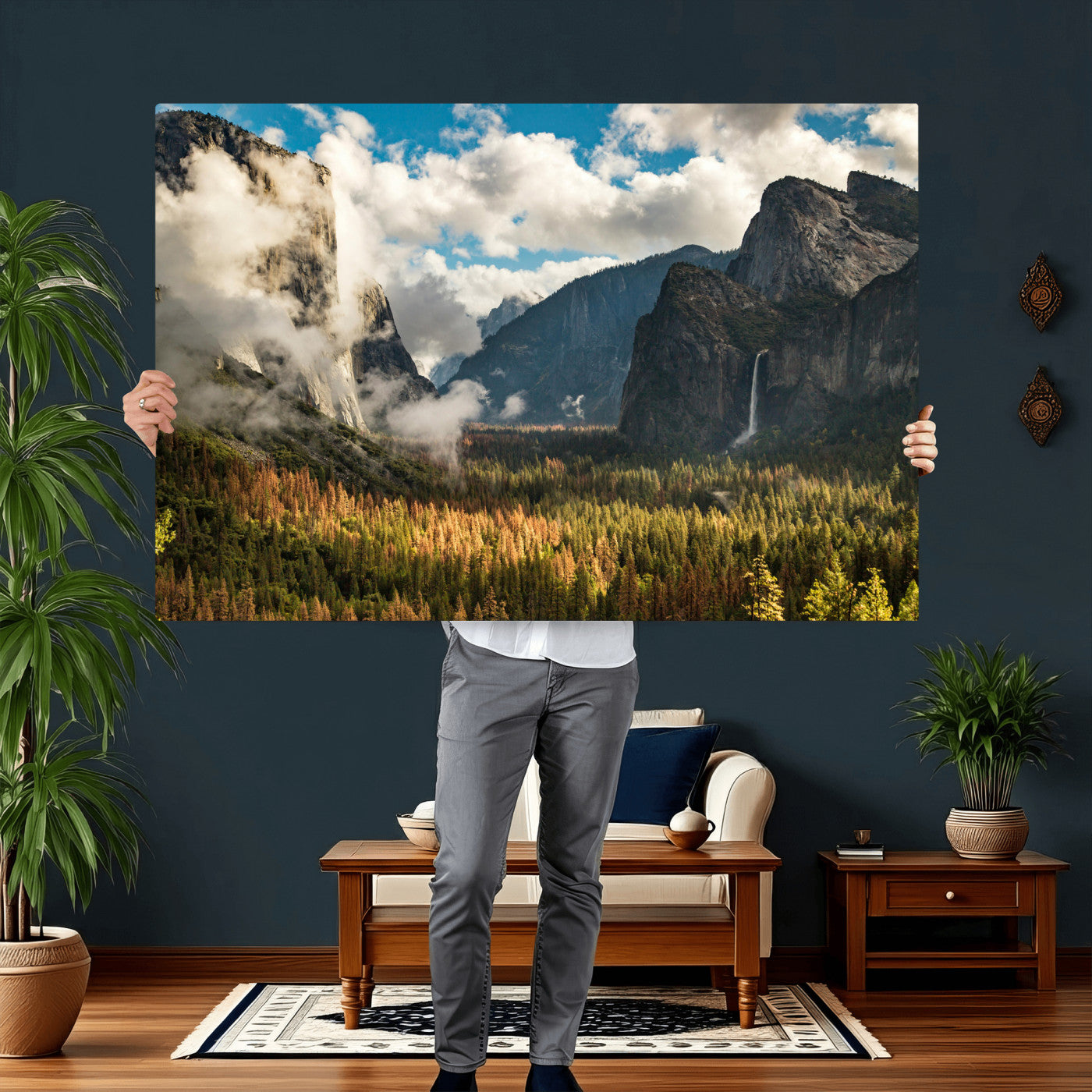 18271001-MGV-CV-36X24 - Yosemite Valley River Landscape Wall Art Canvas Print, Granite Cliffs Forest River Canvas Print, California National Park Moody Scenic Art Printi