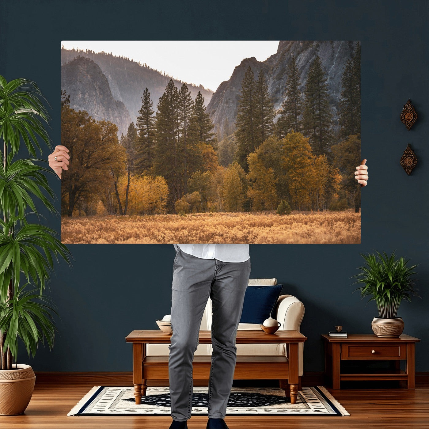 61682763-MGV-CV-36X24 - Yosemite Valley Autumn Forest Landscape Wall Art Canvas Print, Granite Mountain Pine Trees Canvas Print, California National Park Fall Scenic Art Printing