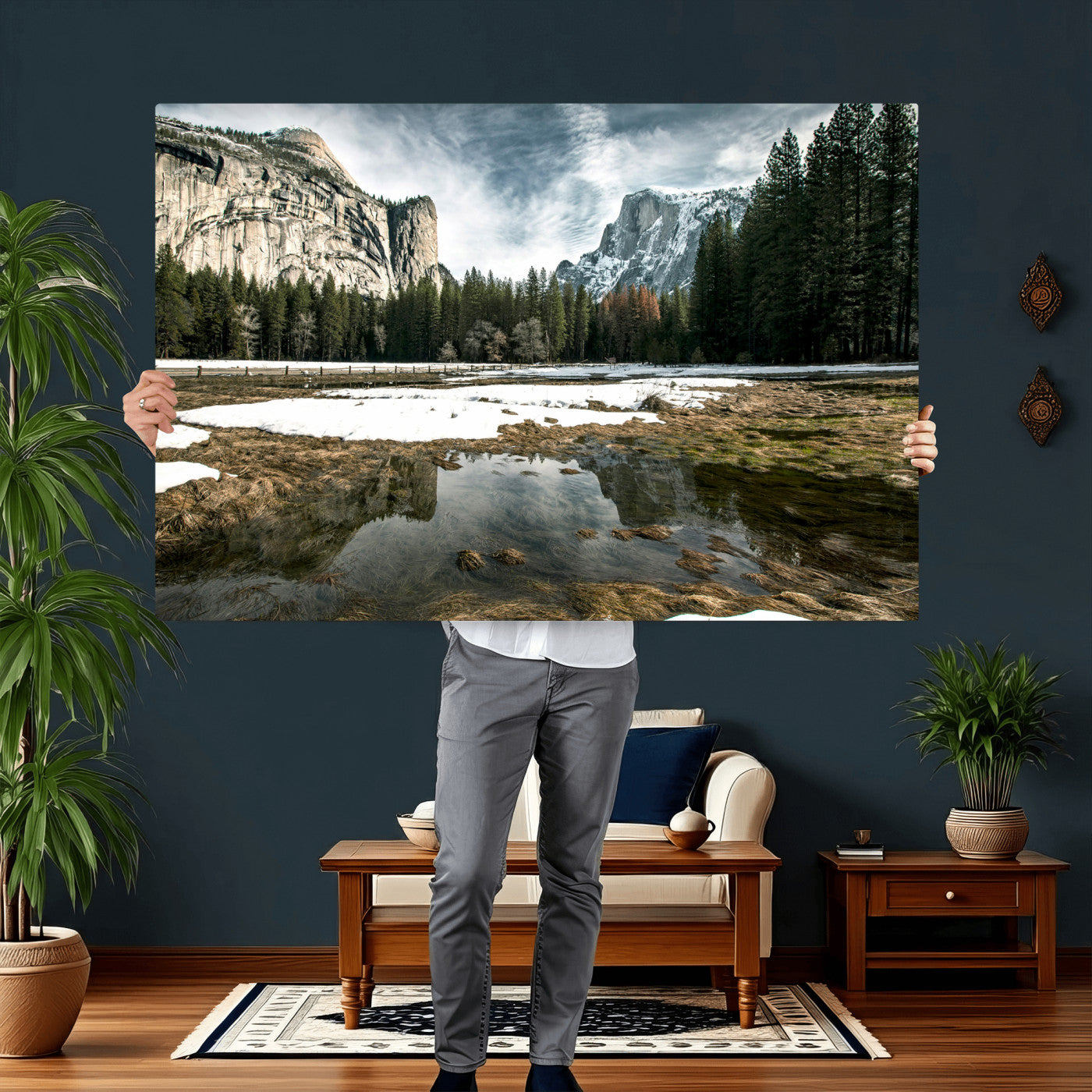 14527348-MGV-CV-36X24 - Yosemite Valley Mountain Landscape Wall Art Canvas Print, Granite Cliff Forest Valley Canvas Print, California National Park Scenic Art Printing