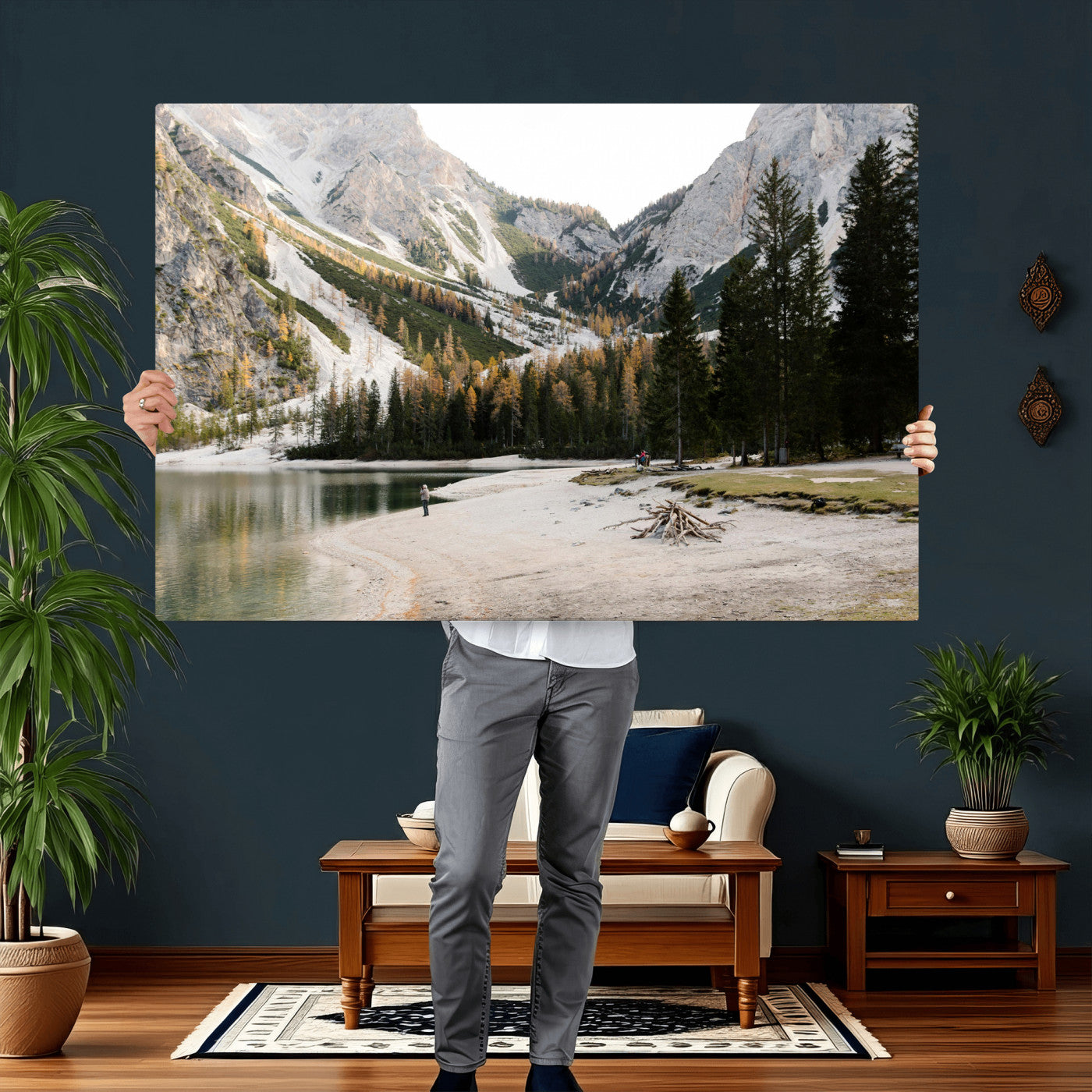 89246758-MGV-CV-36X24 - Lake Braies Alpine Landscape Wall Art Canvas Print, Dolomites Mountain Lake Forest Canvas Print, Italian Alps Scenic Nature Art Printing