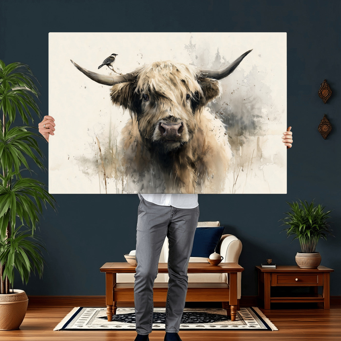 98249290-MGV-CV-36X24 - Abstract Highland Cow Watercolor Animal Wall Art Canvas Print, Rustic Farm Cattle Portrait Canvas Print, Neutral Wildlife Farmhouse Art Printing