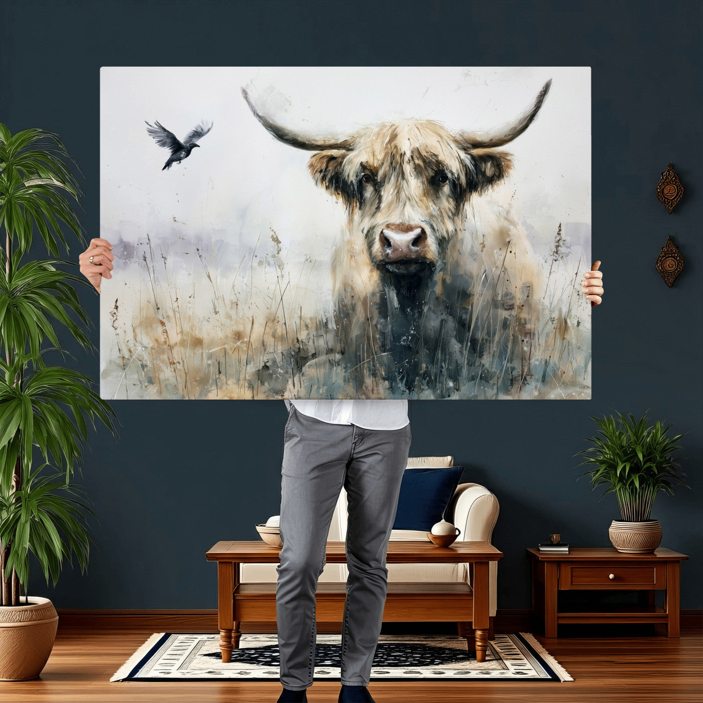 55652651-MGV-CV-36X24 - Abstract Highland Cow Watercolor Animal Wall Art Canvas Print, Rustic Farm Cattle Portrait Canvas Print, Neutral Wildlife Farmhouse Art Printing