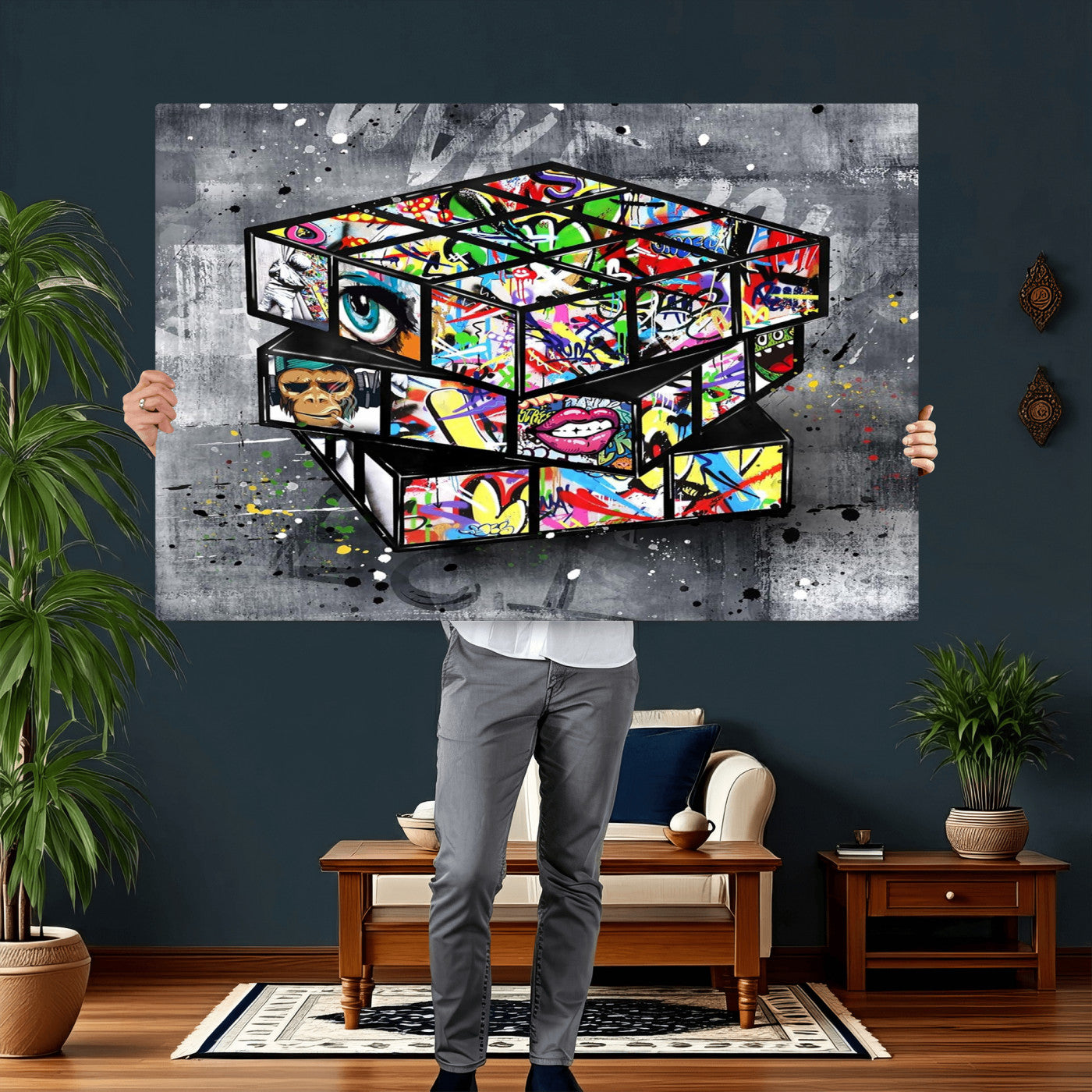 46789556-MGV-CV-36X24 - Graffiti Cube Abstract Street Art Wall Art Canvas Print, Colorful Urban Pop Art Geometric Canvas Print, Modern Street Art Contemporary Art Printing