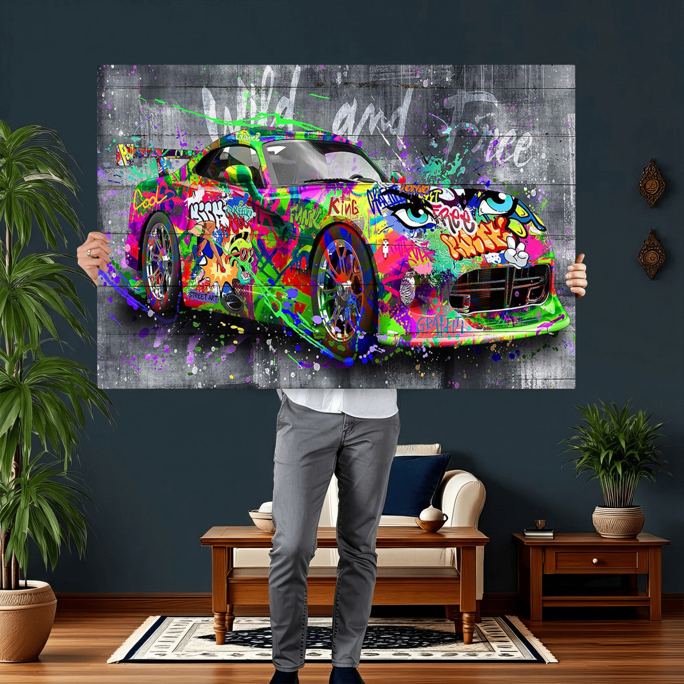 95314968-MGV-CV-36X24 - Graffiti Sports Car Street Art Wall Art Canvas Print, Colorful Urban Supercar Pop Art Canvas Print, Modern Graffiti Car Contemporary Art Printing