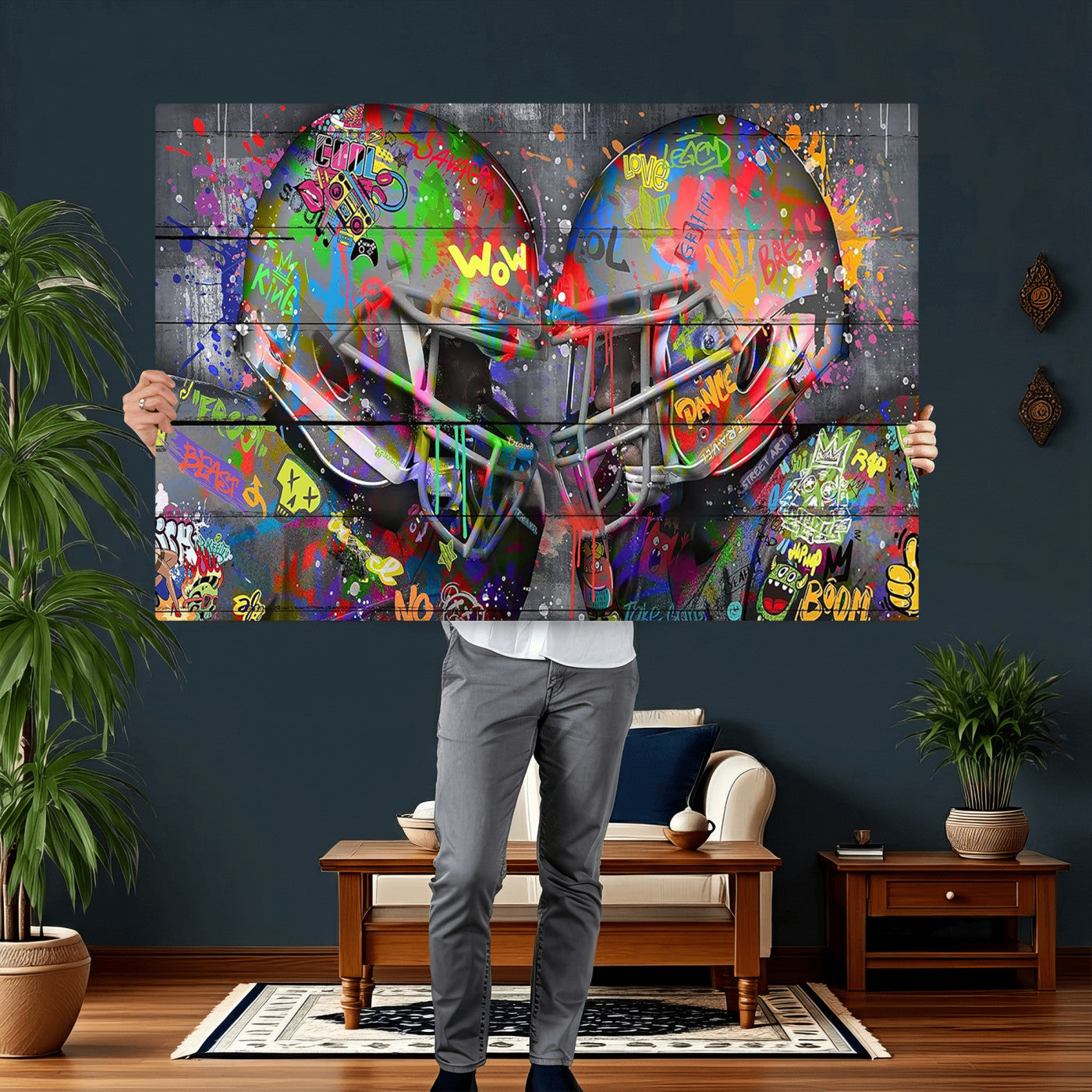 15309853-MGV-CV-36X24 - Graffiti Football Helmets Wall Art Canvas Print, Urban Street Art Sports Decor, Colorful American Football Graffiti Artwork