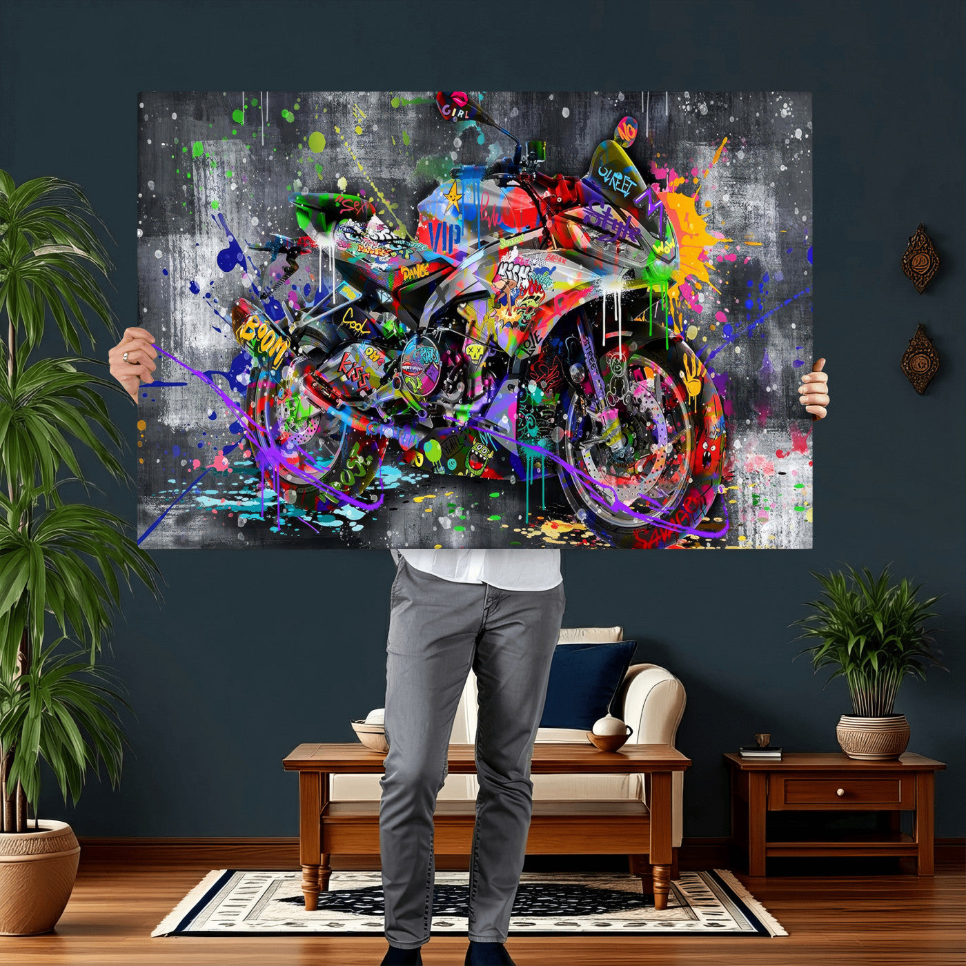 83021767-MGV-CV-36X24 - Graffiti Motorcycle Wall Art Canvas Print, Urban Street Art Motorbike Decor, Colorful Graffiti Sports Bike Artwork