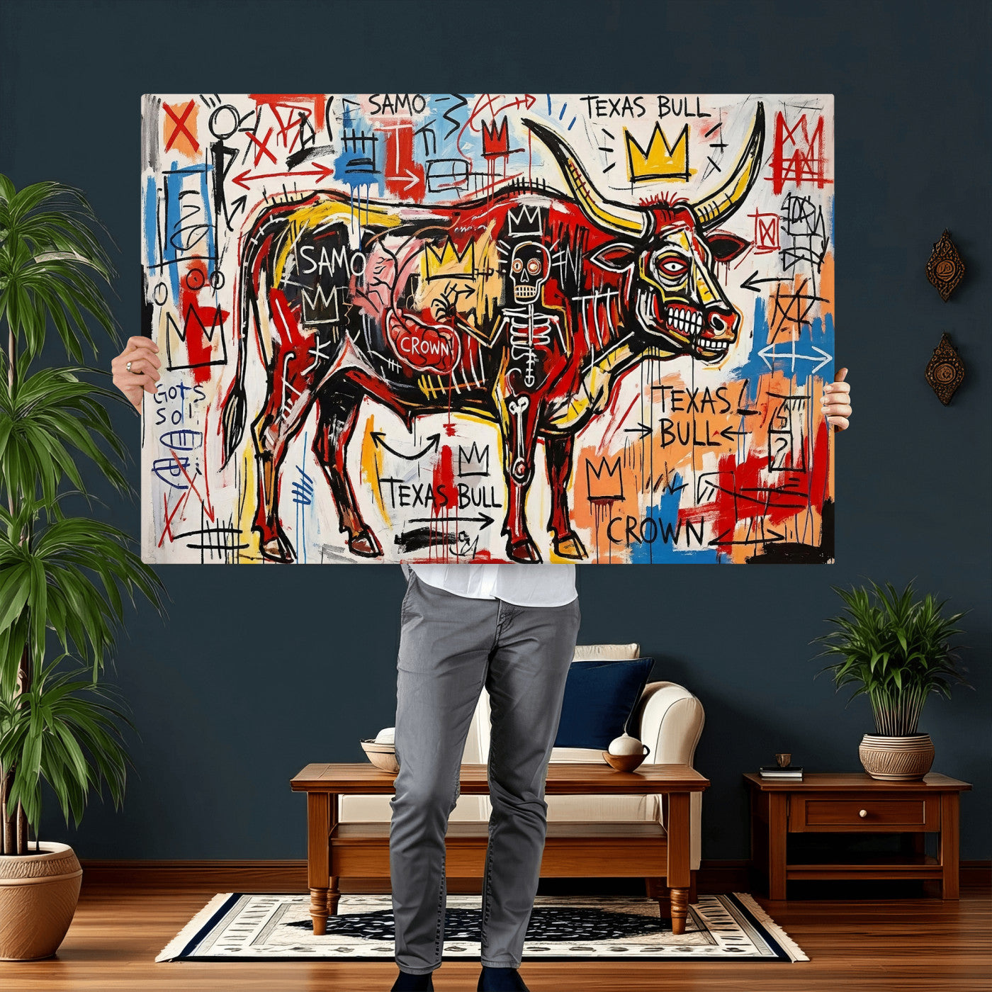 89504579-MGV-CV-36X24 - TITLE: Texas Bull Wall Art Canvas Print, Abstract Graffiti Bull Painting, Western Animal Art, Modern Ranch Decor