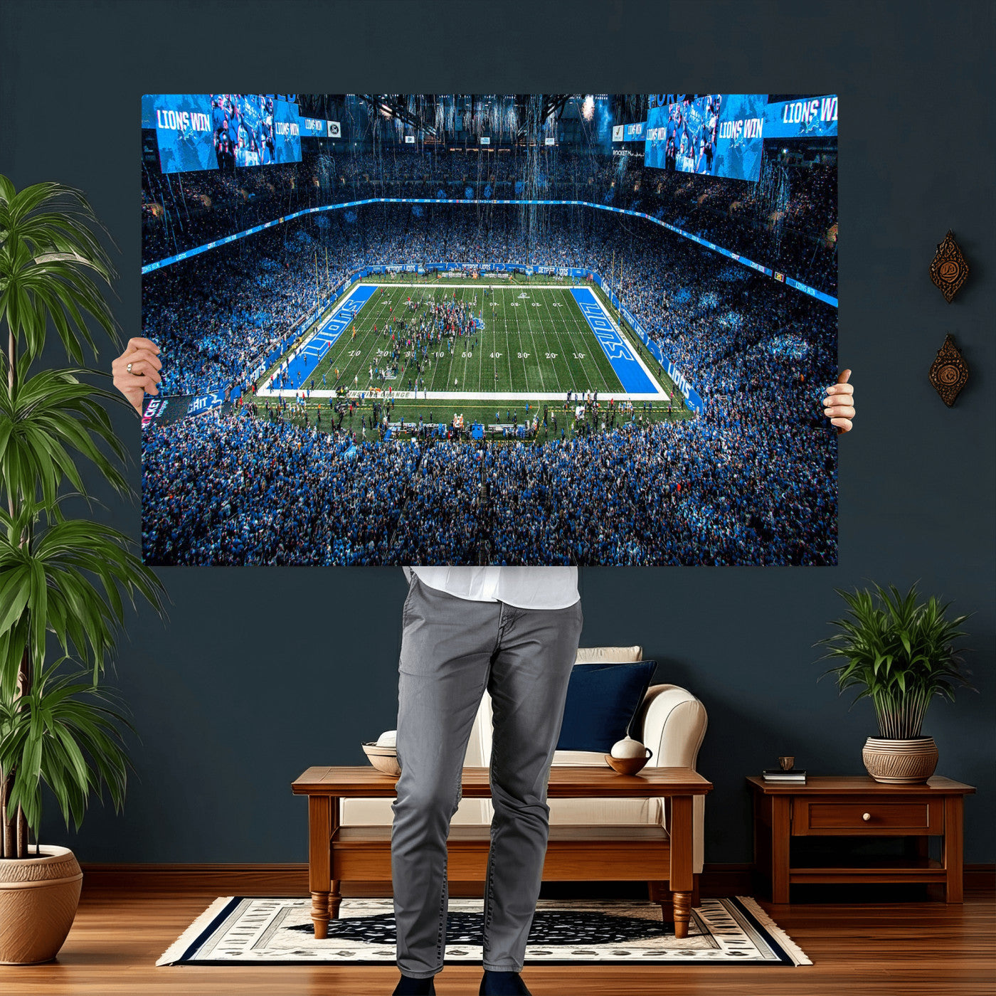 80882005-MGV-CV-36X24 - Detroit Lions Stadium Wall Art Canvas Print, Football Field Panorama Artwork, NFL Game Night Stadium Decor