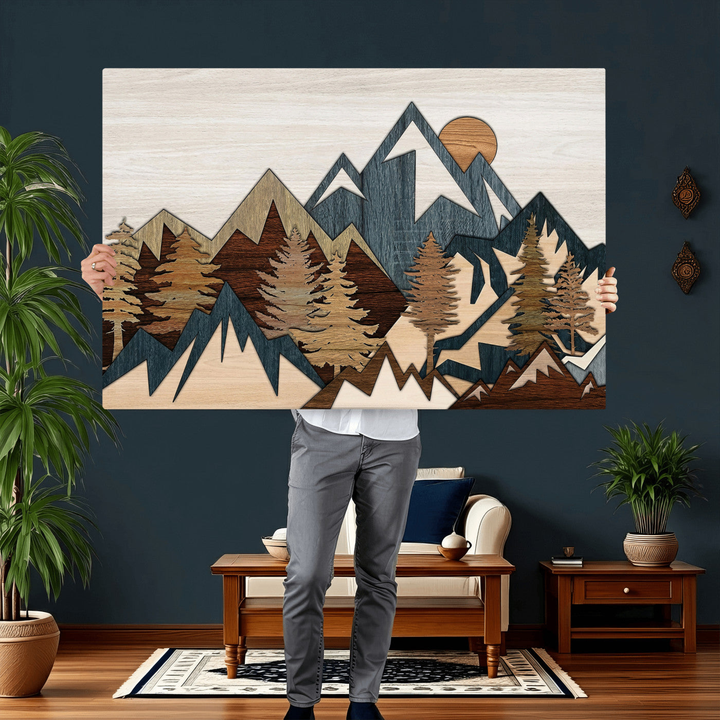 61833055-MGV-CV-36X24 - Mountain Forest Wall Art Canvas Print, Layered Wood Landscape Artwork, Rustic Nature Wall Decor for Living Room