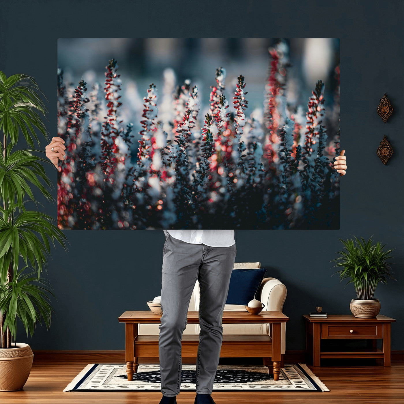 82063935-MGV-CV-36X24 - Winter Heather Wall Art Canvas Print, Frosted Floral Nature Art, Moody Botanical Wall Decor