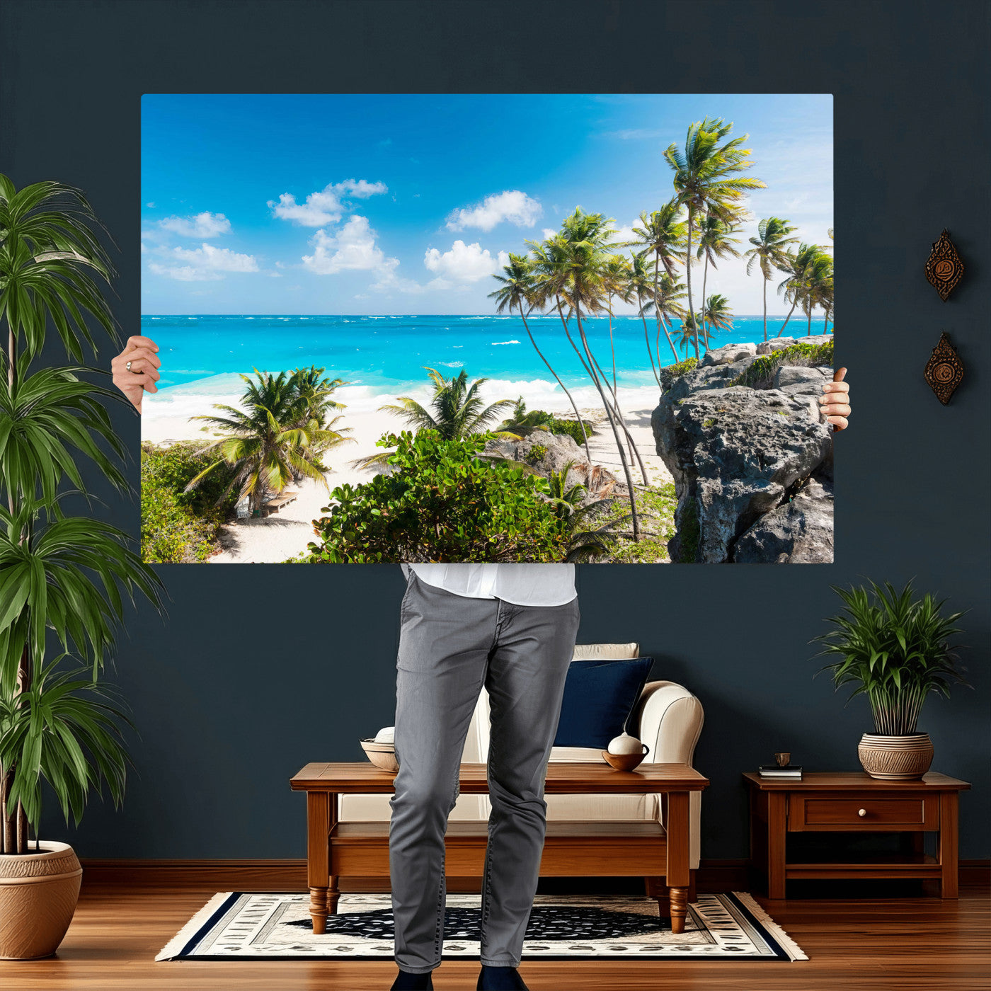 98605610-MGV-CV-36X24 - Tropical Beach Wall Art Canvas Print, Palm Tree Ocean Landscape Photography, Caribbean Coastal Artwork