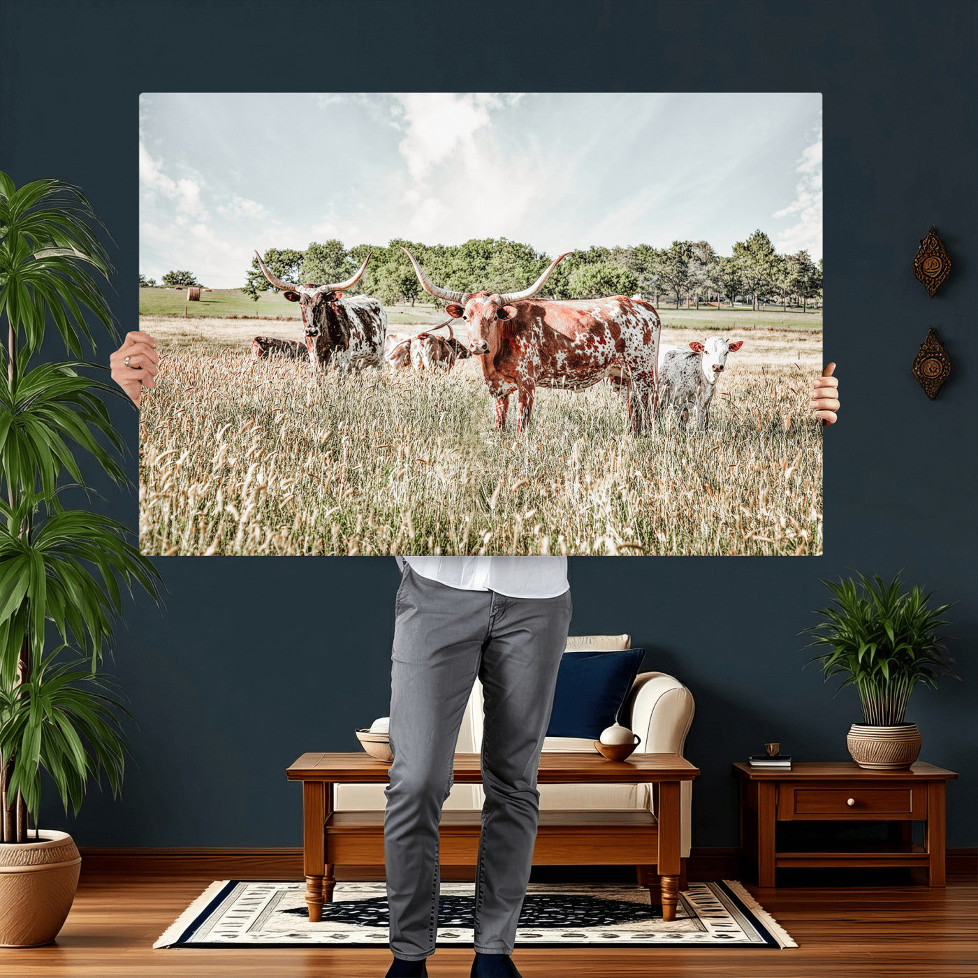 21823552-MGV-CV-36X24 - Texas Longhorn Cattle Wall Art Canvas Print, Rustic Ranch Landscape Artwork, Western Farm Field Scene, Country Prairie Animal Canvas Wall Art