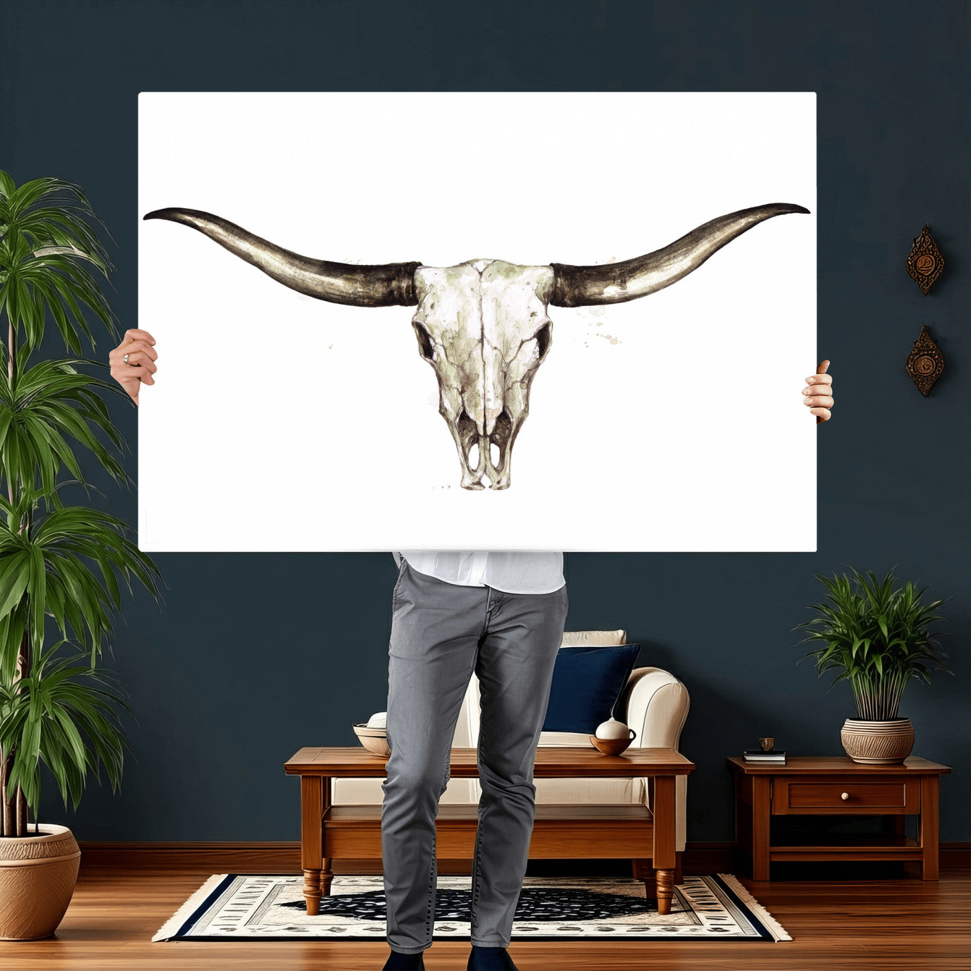 42788678A-MGV-CV-36X24 - Longhorn Skull Wall Art Canvas Print – Rustic Western Artwork Print for Living Room Wall Decor