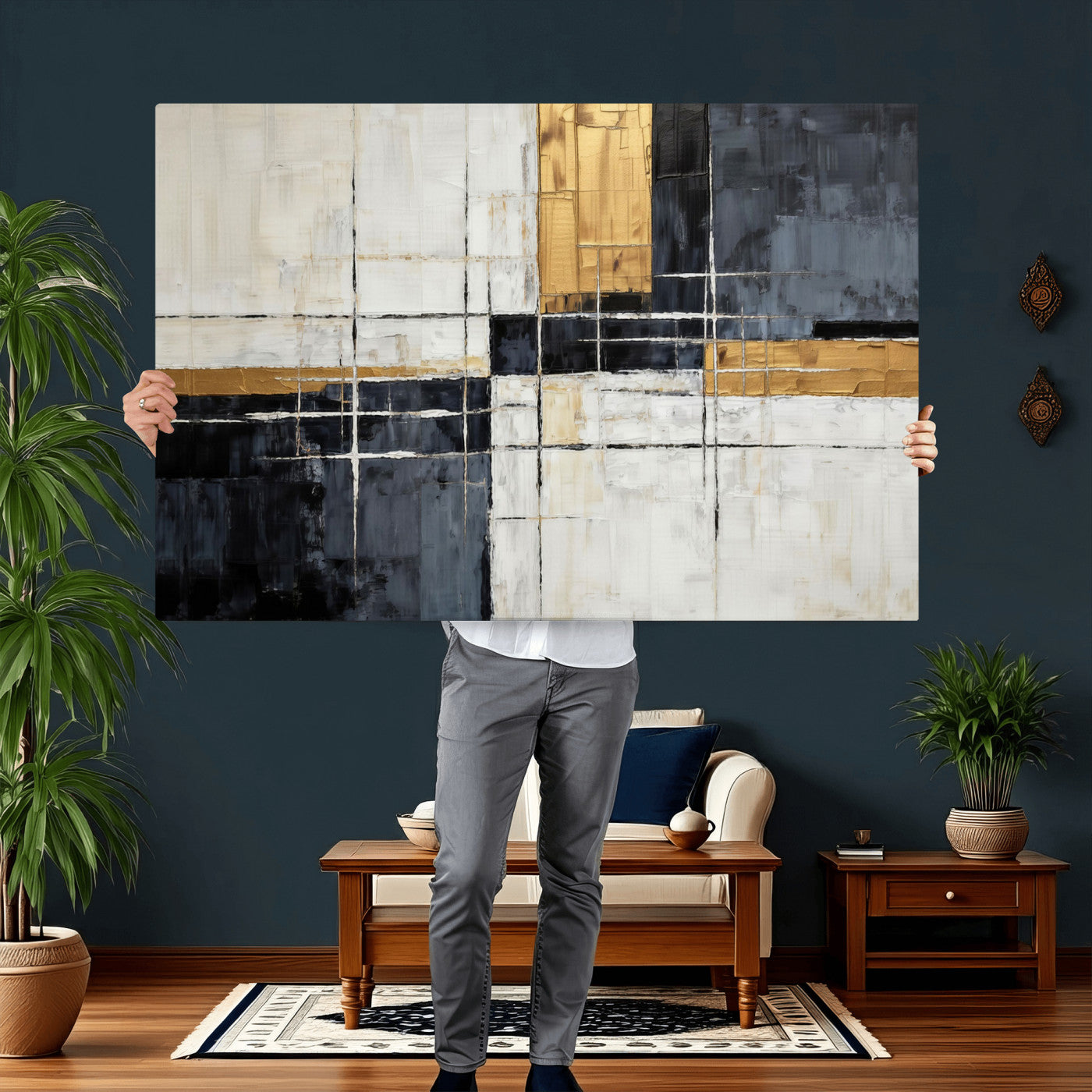 78975677-MGV-CV-36X24 - Gold Abstract Wall Art Canvas Print, Modern Luxury Geometric Painting Wall Decor for Living Room and Office