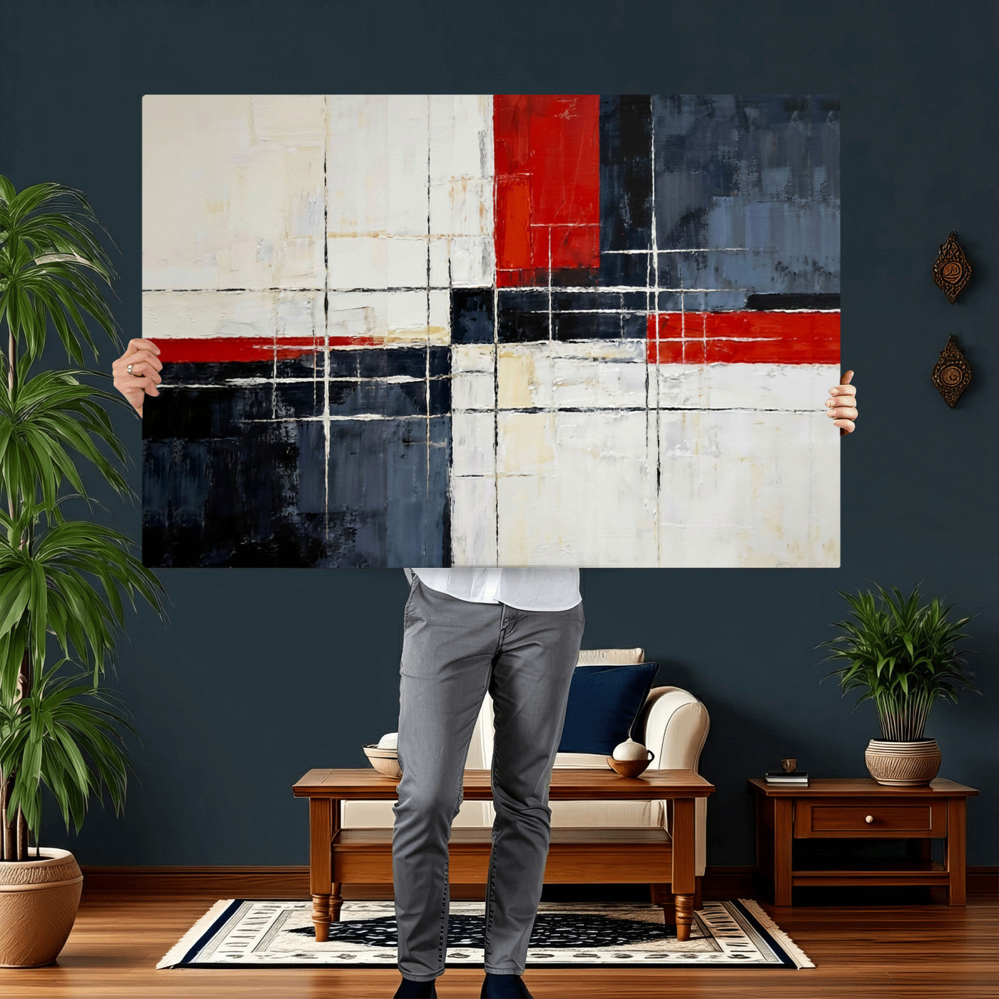 11921181-MGV-CV-36X24 - Navy Red Abstract Wall Art Canvas Print, Modern Luxury Geometric Painting Wall Decor for Living Room and Office