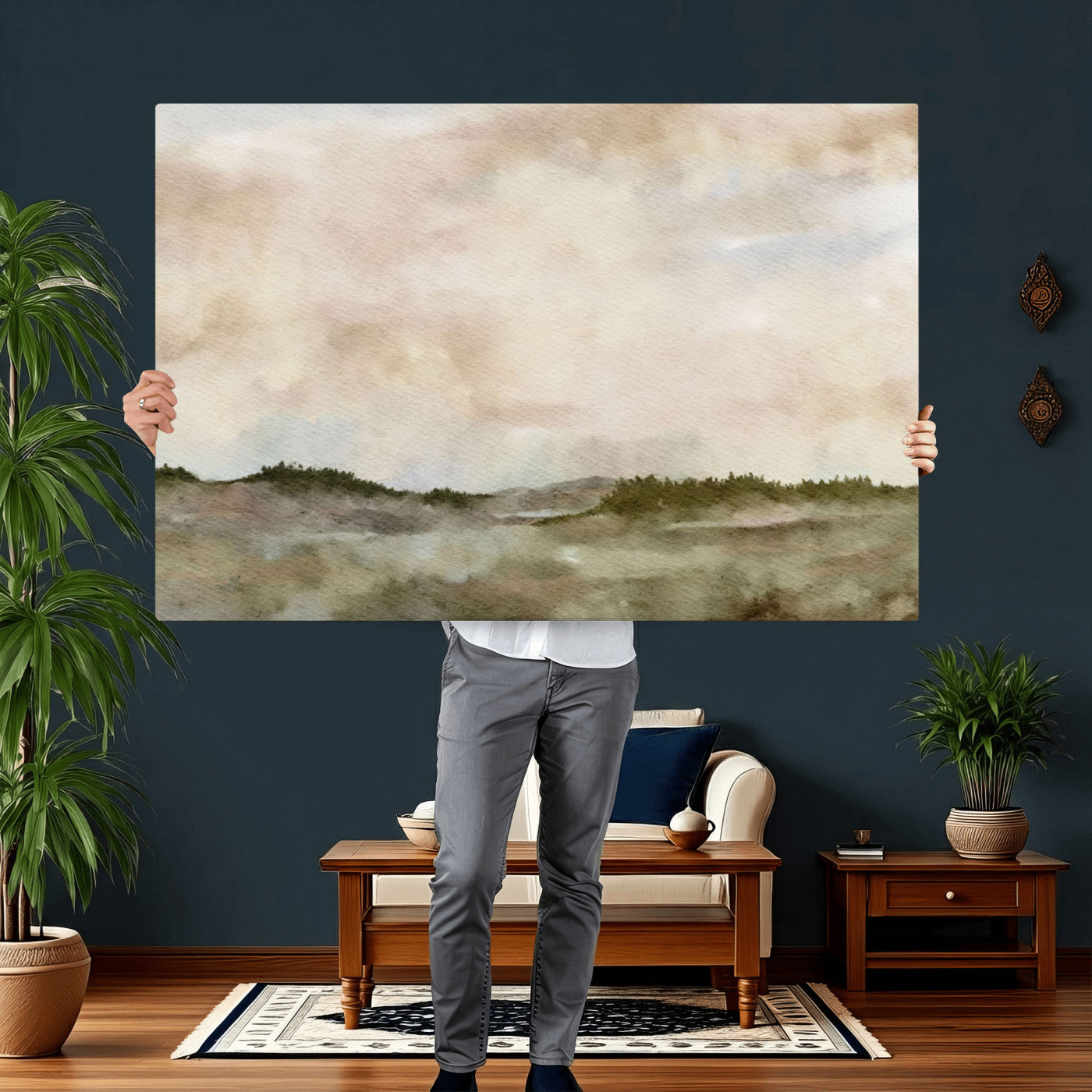 13578069-MGV-CV-36X24 - Abstract Landscape Wall Art Canvas Print, Watercolor Pastoral Landscape Painting Wall Decor for Modern Farmhouse Interiors