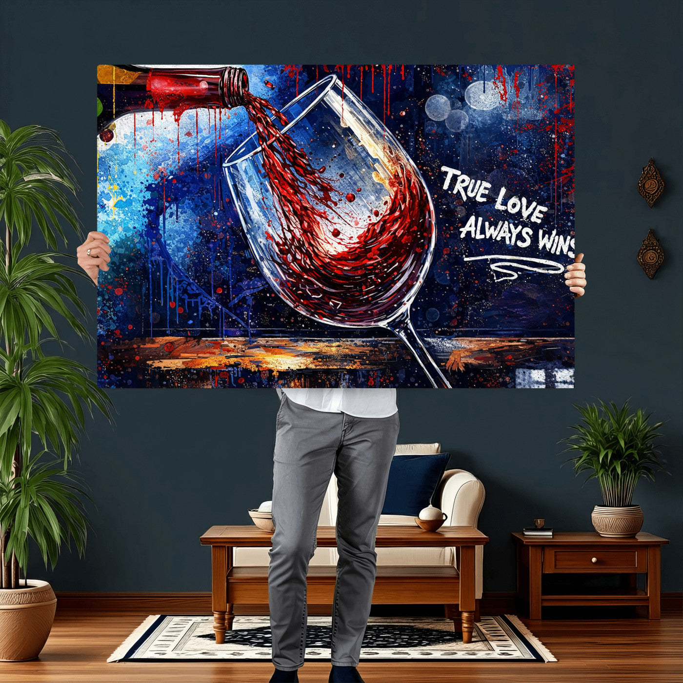 88788932-MGV-CV-36X24 - Red Wine Splash Abstract Wall Art Canvas Print, Modern Wine Glass Painting Canvas Print, Romantic Quote Contemporary Bar Art Print