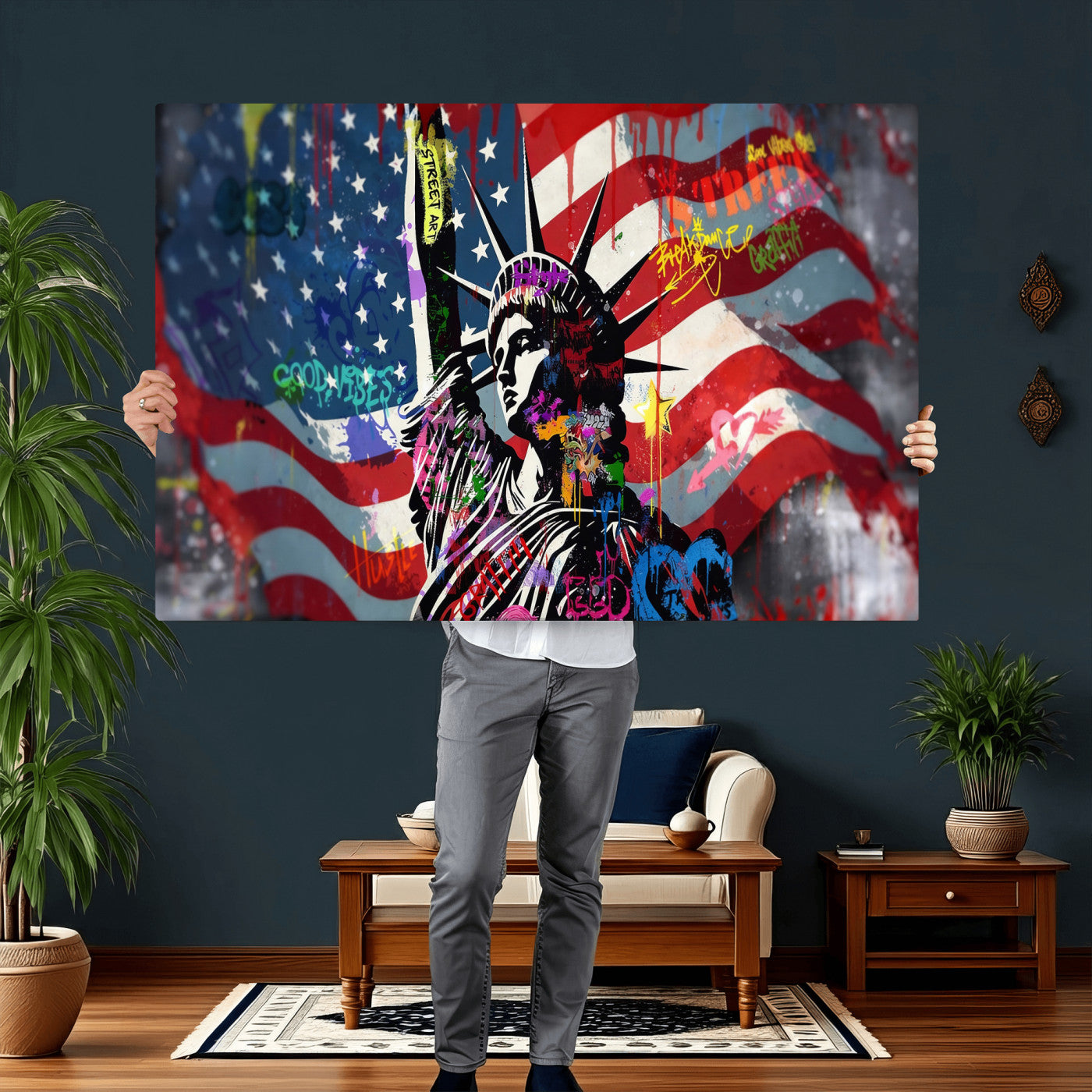 32151941-MGV-CV-36X24 - USA Statue of Liberty Graffiti Street Art Wall Art Canvas Print, American Flag Urban Pop Art Canvas Print, Modern Patriotic Street Art Contemporary Art Printing