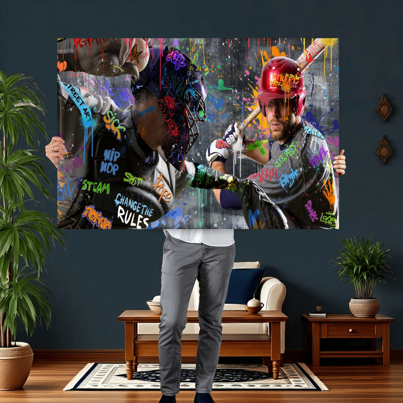 19634994-MGV-CV-36X24 - Graffiti Baseball Player Street Art Wall Art Canvas Print, Urban Sports Pop Art Baseball Canvas Print, Modern Athletic Graffiti Contemporary Art Printing