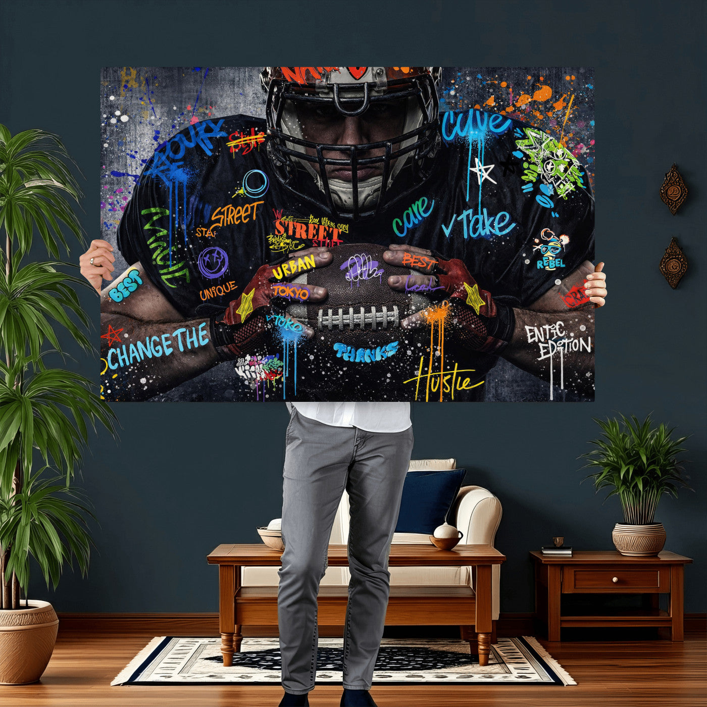 55267256-MGV-CV-36X24 - Graffiti American Football Player Street Art Wall Art Canvas Print, Urban Sports Pop Art Football Canvas Print, Modern Athletic Graffiti Contemporary Art Printing