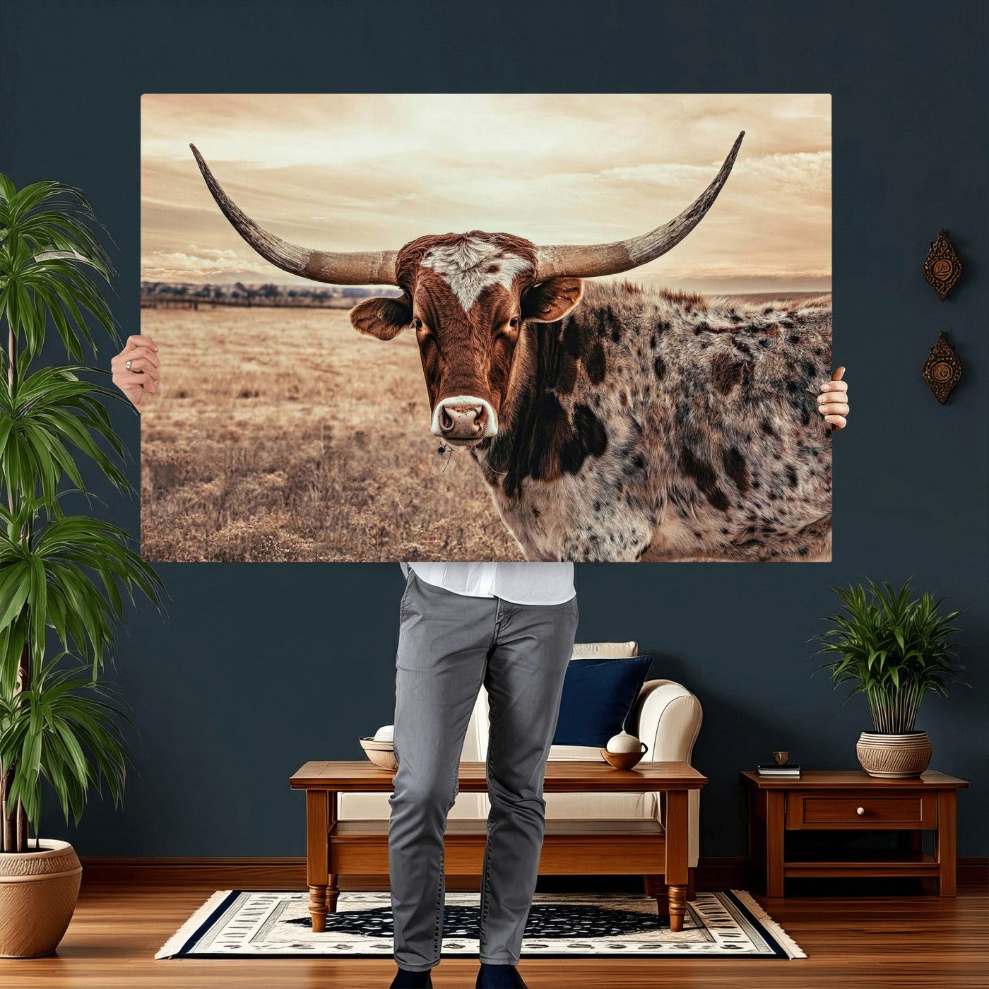 55805825-MGV-CV-36X24 - Texas Longhorn Wall Art Canvas Print – Western Cattle Ranch Artwork for Rustic Farmhouse Decor