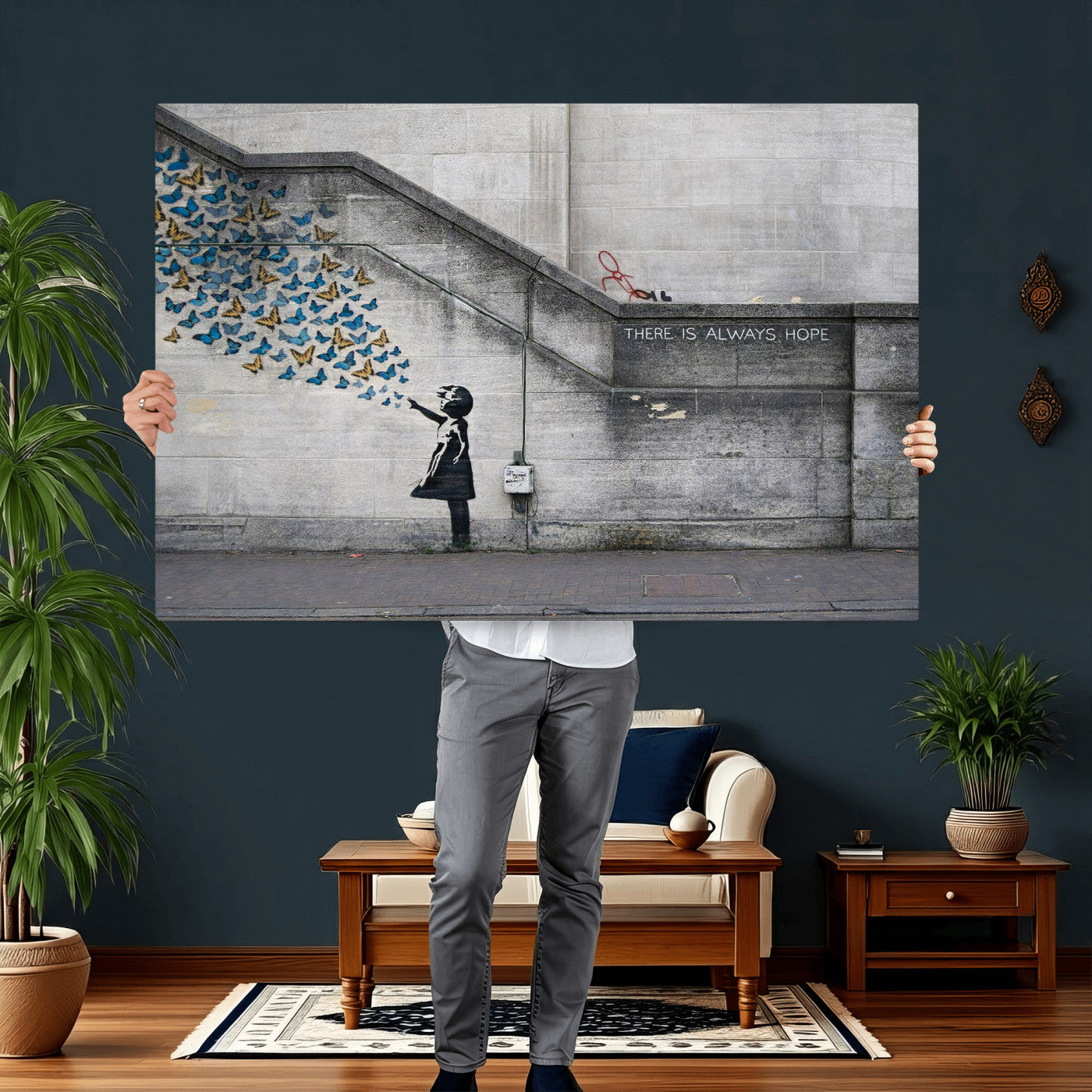 15274223-MGV-CV-36X24 - Banksy Girl with Butterflies Street Art Wall Art Canvas Print, Hope Graffiti Urban Art Canvas Print, Minimalist Inspirational Street Art Contemporary Art Printing