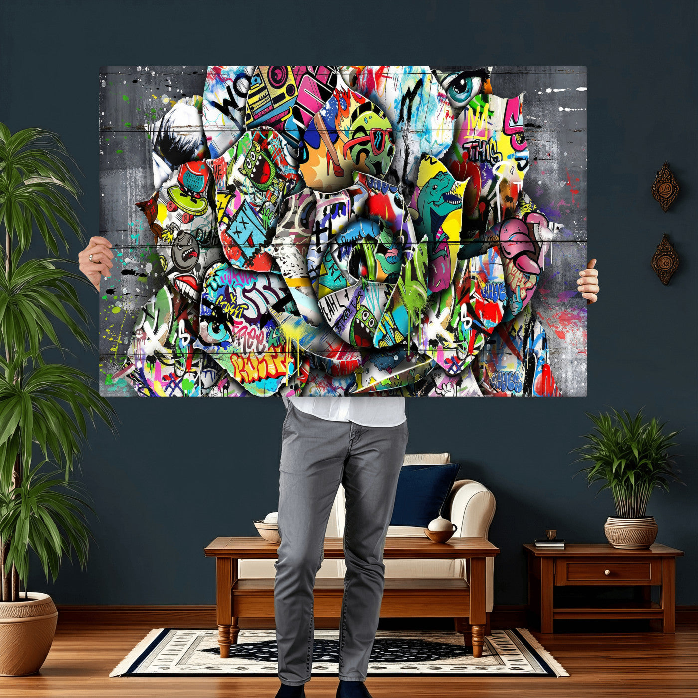 77553344-MGV-CV-36X24 - Abstract Graffiti Collage Street Art Wall Art Canvas Print, Colorful Urban Pop Art Canvas Print, Modern Graffiti Patchwork Contemporary Art Printing