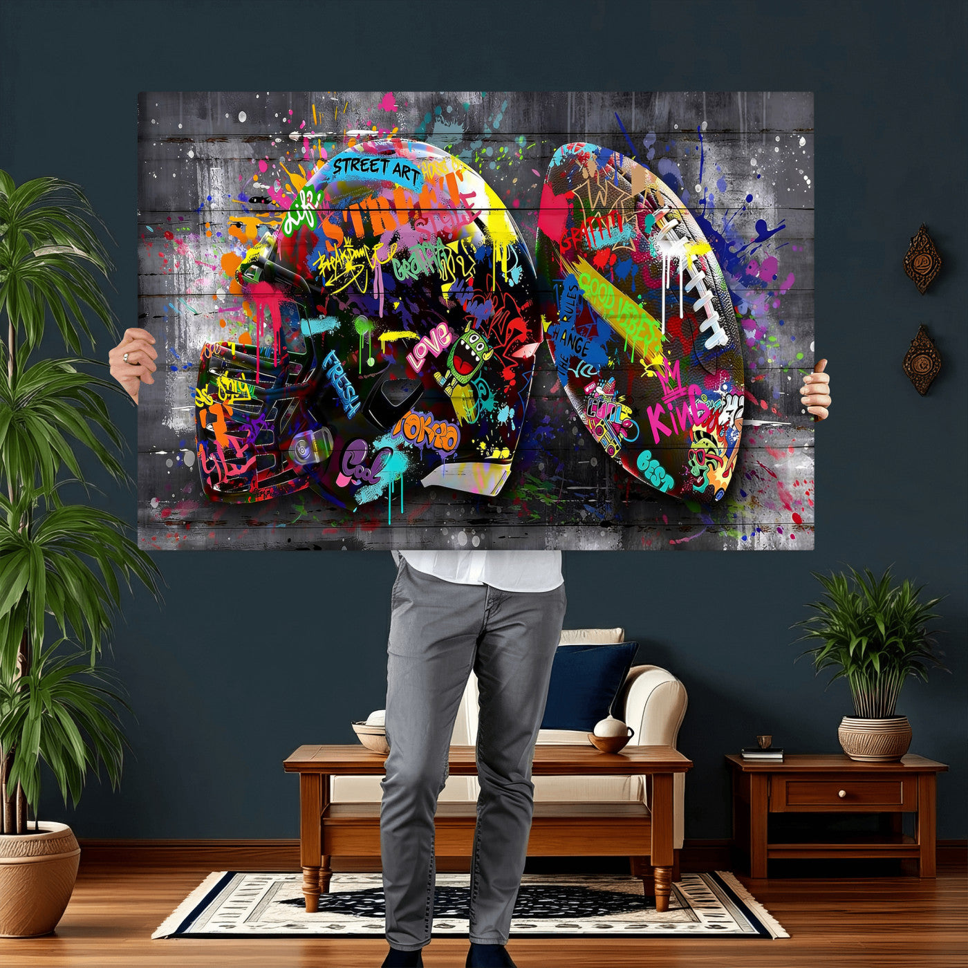 80540773-MGV-CV-36X24 - Graffiti American Football Helmet Street Art Wall Art Canvas Print, Urban Sports Pop Art Football Canvas Print, Colorful Graffiti Sports Contemporary Art Printing