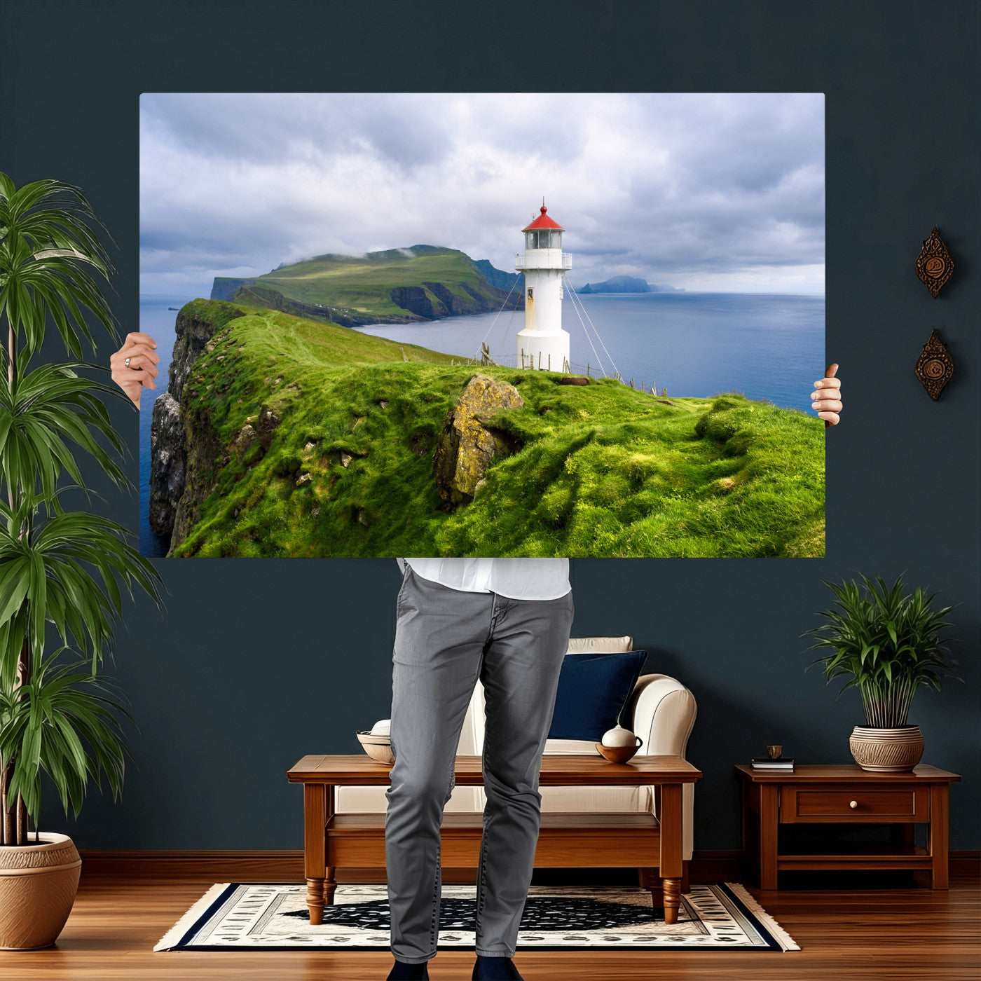 10680390-MGV-CV-36X24 - Coastal Lighthouse Wall Art Canvas Print, Cliffside Ocean Landscape Canvas Print, Scandinavian Coastal Decor for Living Room