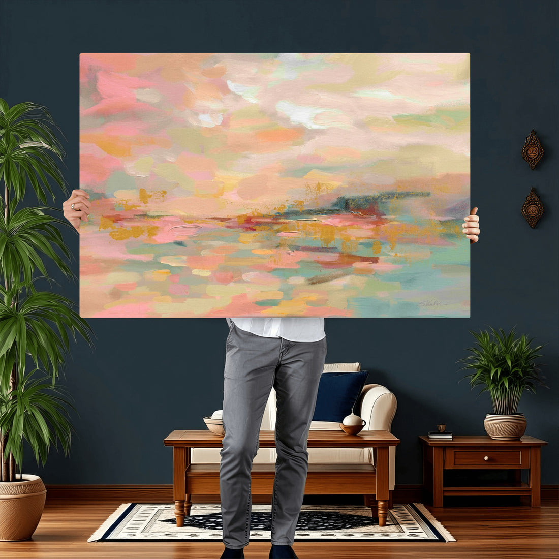 Abstract Pastel Landscape Wall Art Canvas Print | Soft Pink Teal Modern Art