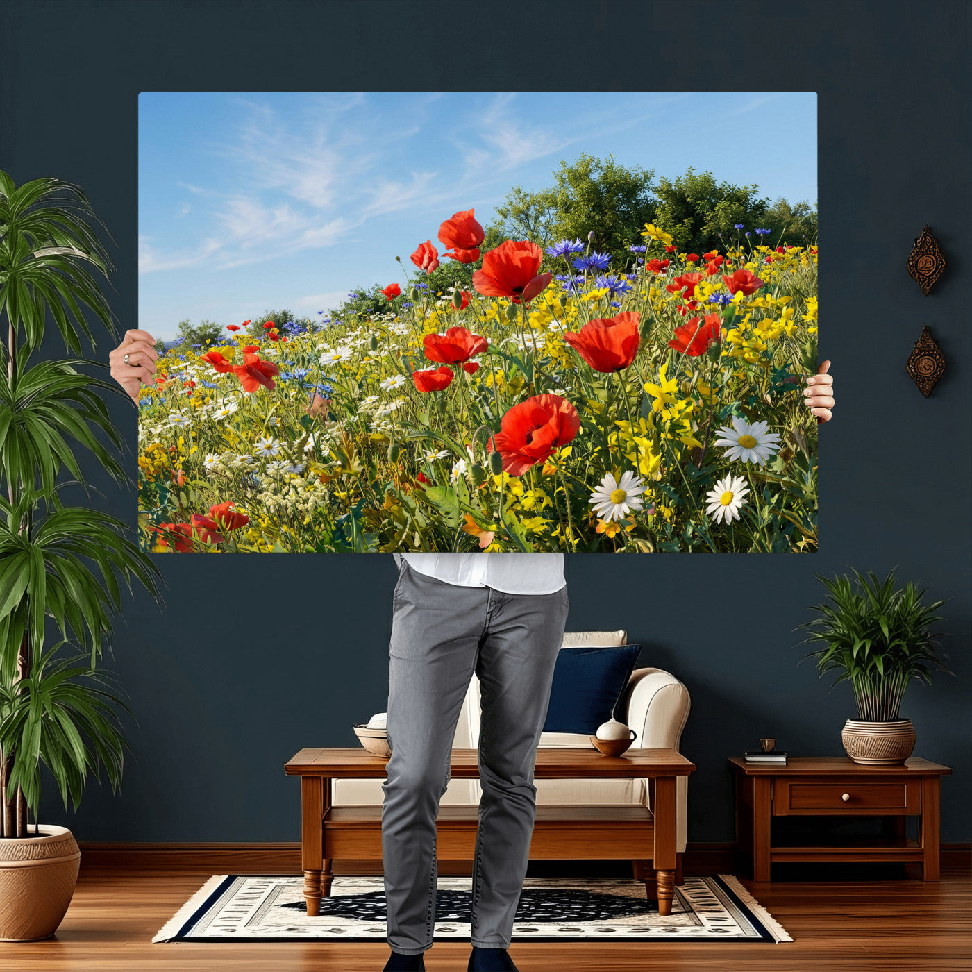 38570784-MGV-CV-36X24 - Wildflower Meadow Wall Art Canvas Print – Colorful Poppy and Daisy Field Landscape Artwork for Living Room Decor