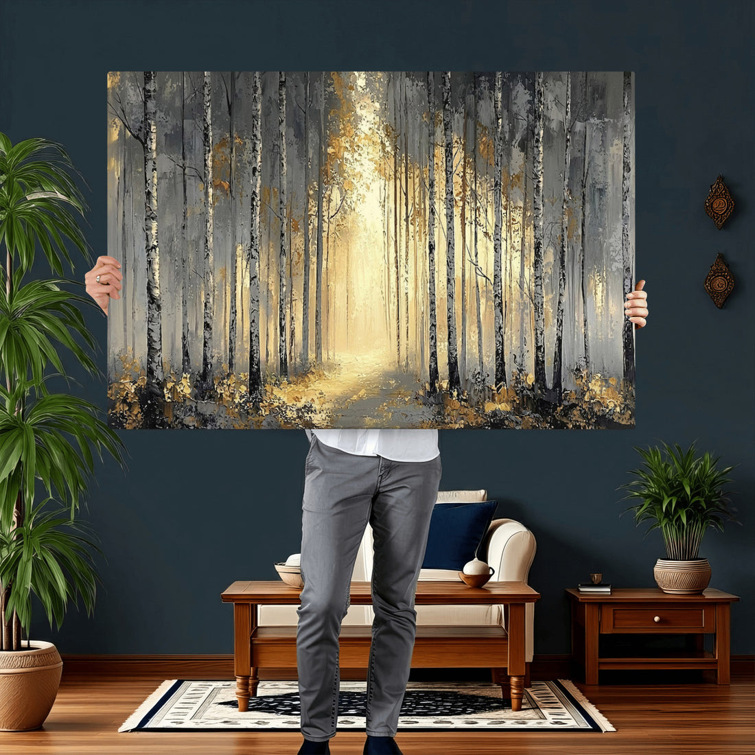 Abstract Birch Forest Wall Art Canvas Print | Modern Gold Gray Woodland Landscape