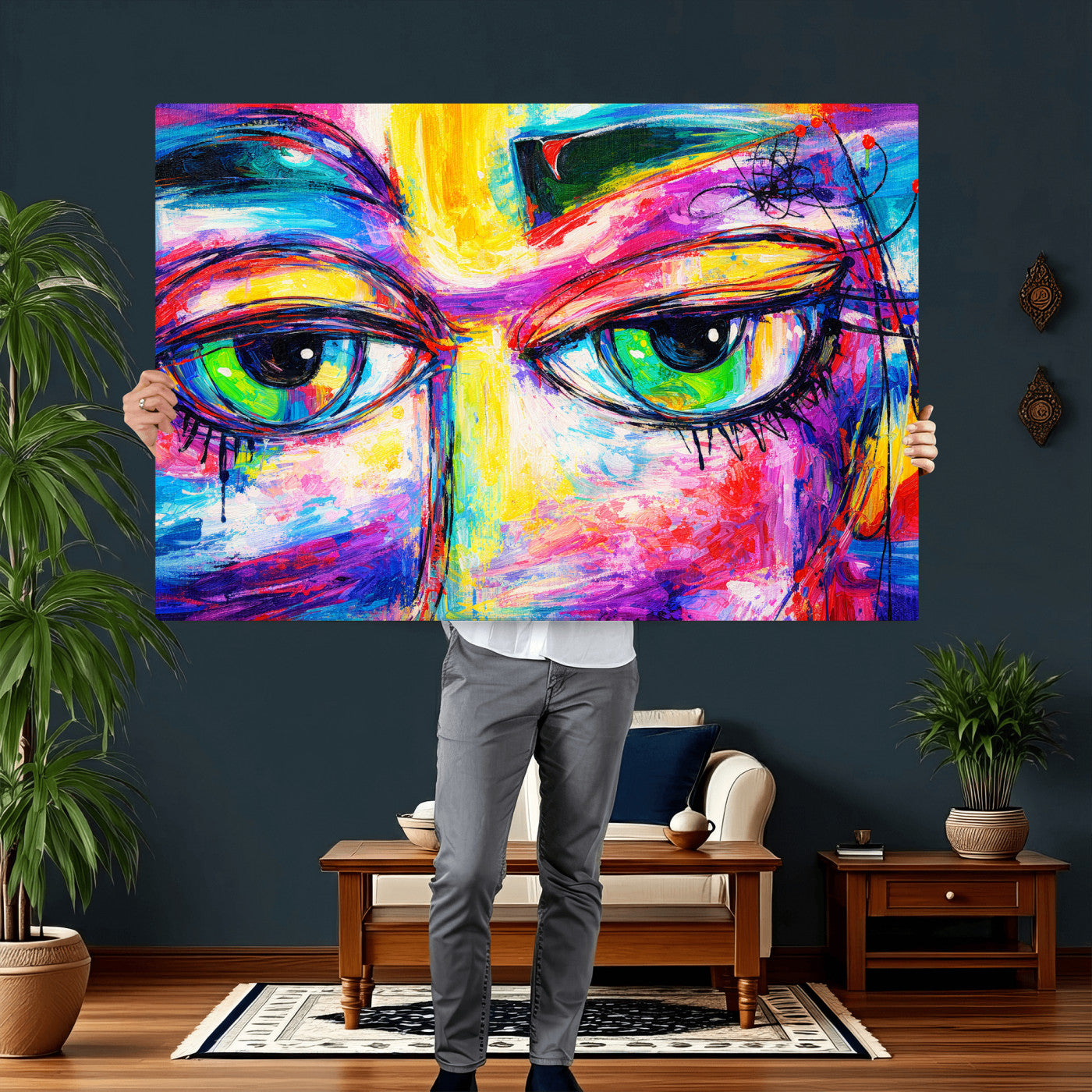 99390655-MGV-CV-36X24 - Colorful Abstract Face Wall Art Canvas Print – Modern Pop Art Portrait Artwork for Contemporary Living Room Decor
