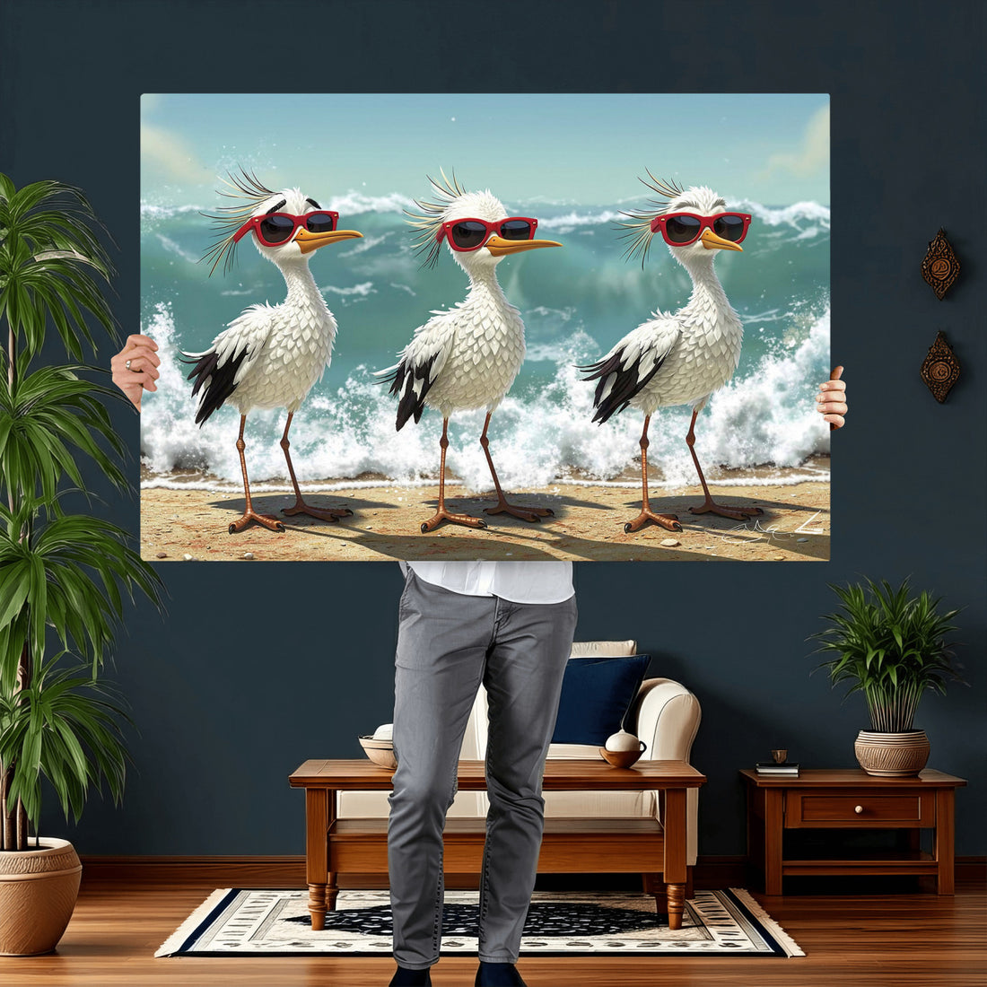 Funny Seagull Wall Art Canvas Print, Beach Birds With Sunglasses