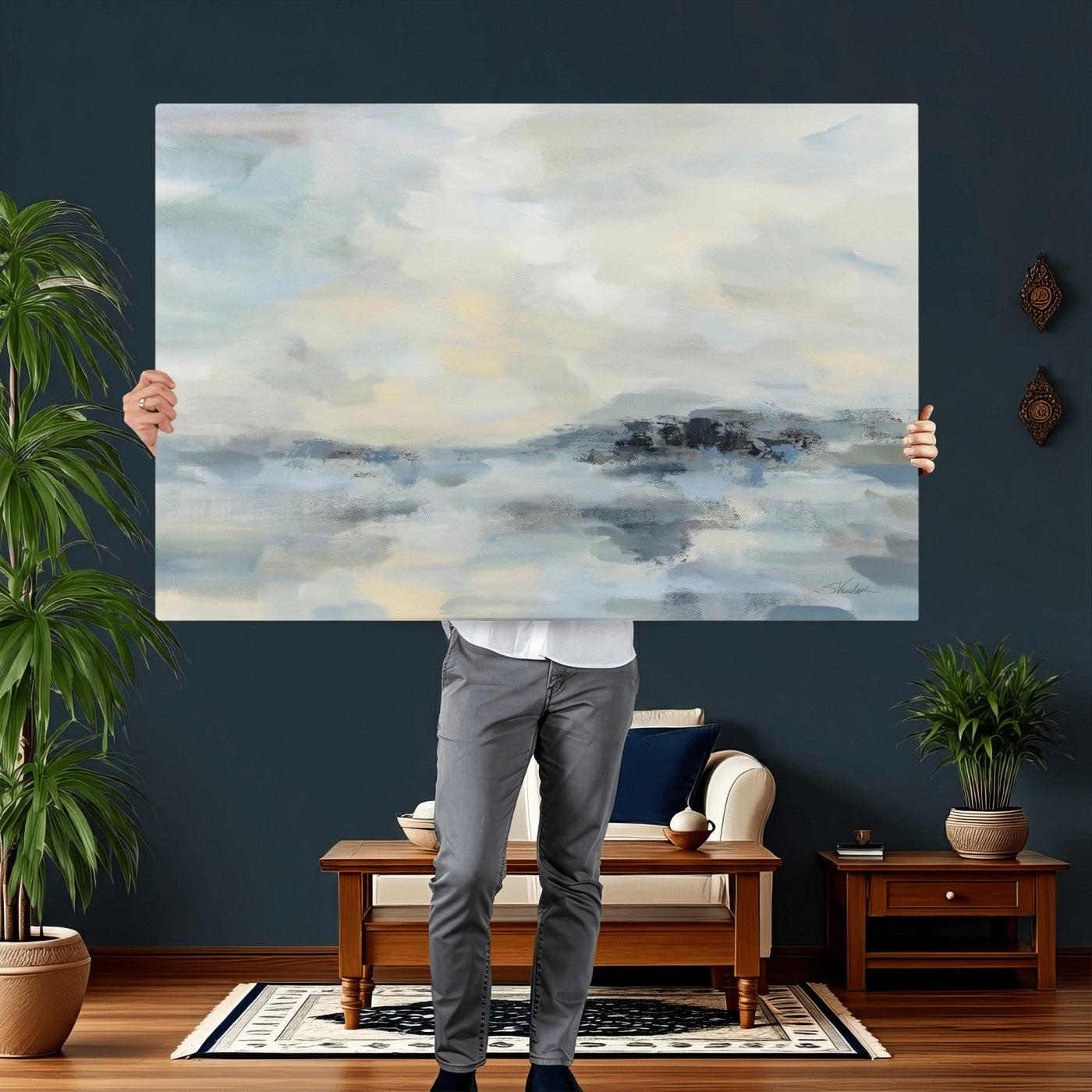 24647355-MGV-CV-36X24 - Abstract Coastal Landscape Wall Art Canvas Print – Soft Blue Gray Minimalist Painting