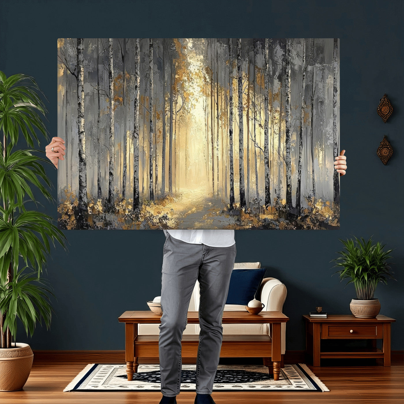 41017042-MGV-CV-36X24 - Abstract Birch Forest Wall Art Canvas Print – Modern Neutral Woodland Landscape Artwork for Living Room Decor
