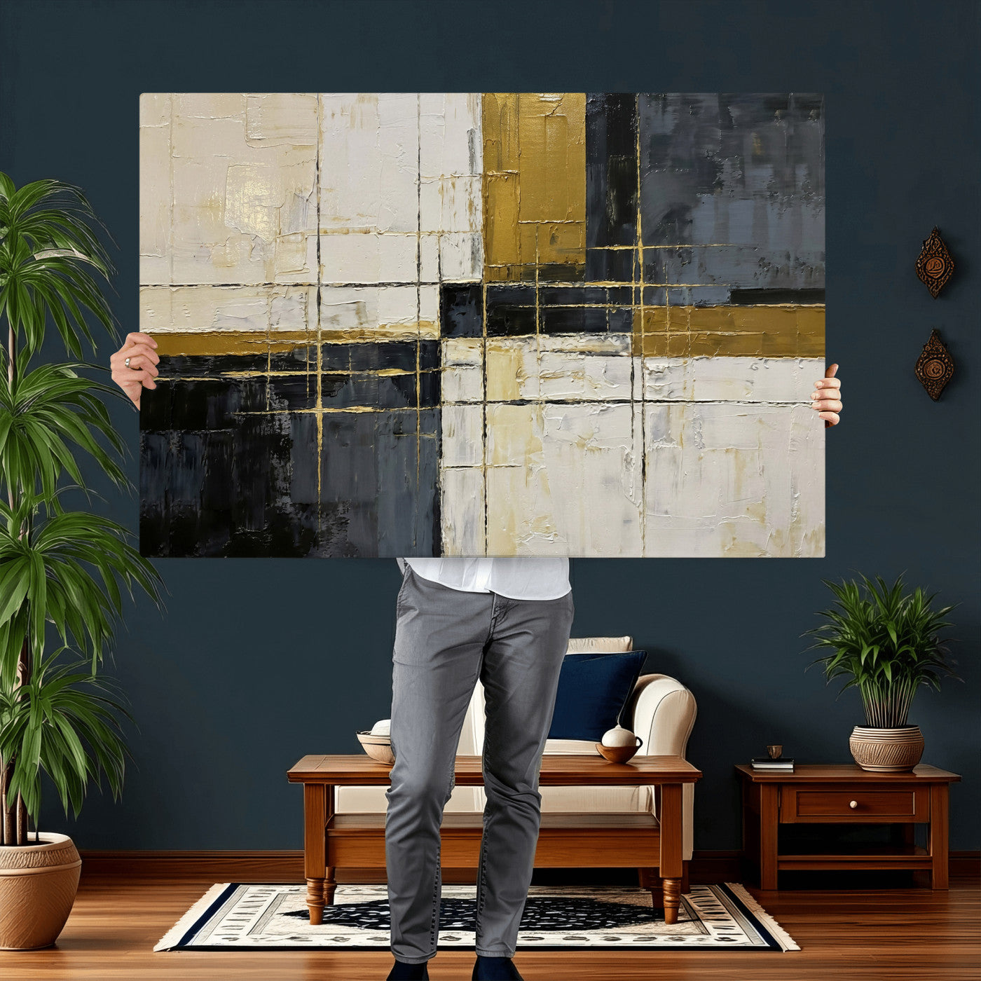 36097945-MGV-CV-36X24 - Abstract Gold and Black Wall Art Canvas Print – Modern Geometric Neutral Artwork for Living Room Decor