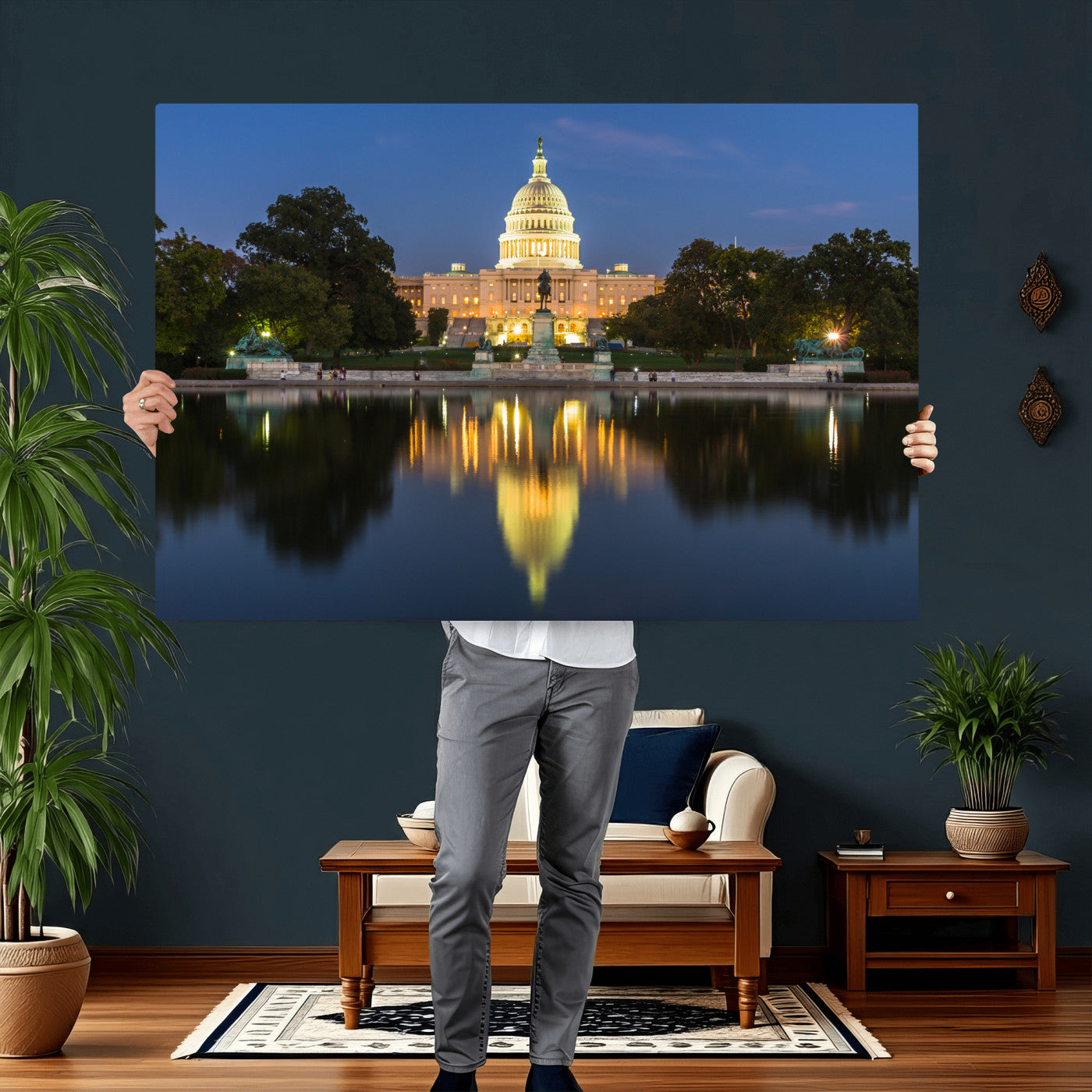 95568590-MGV-CV-36X24 - US Capitol Building Wall Art Canvas Print – Washington DC Landmark Night Reflection Artwork for Office Decor