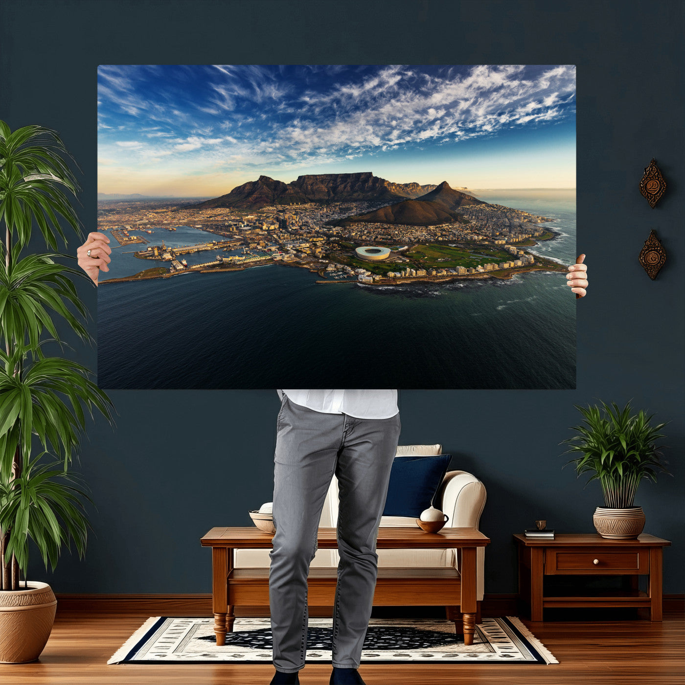 14654591-MGV-CV-36X24 - Cape Town Skyline Wall Art Canvas Print – Table Mountain Coastal Cityscape Artwork for Modern Office Decor