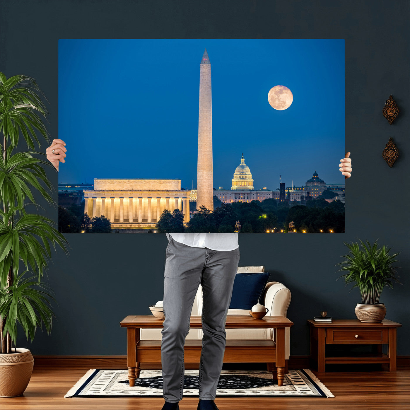 96712946-MGV-CV-36X24 - Washington DC Skyline Wall Art Canvas Print – Lincoln Memorial, Washington Monument and US Capitol Night Cityscape Artwork