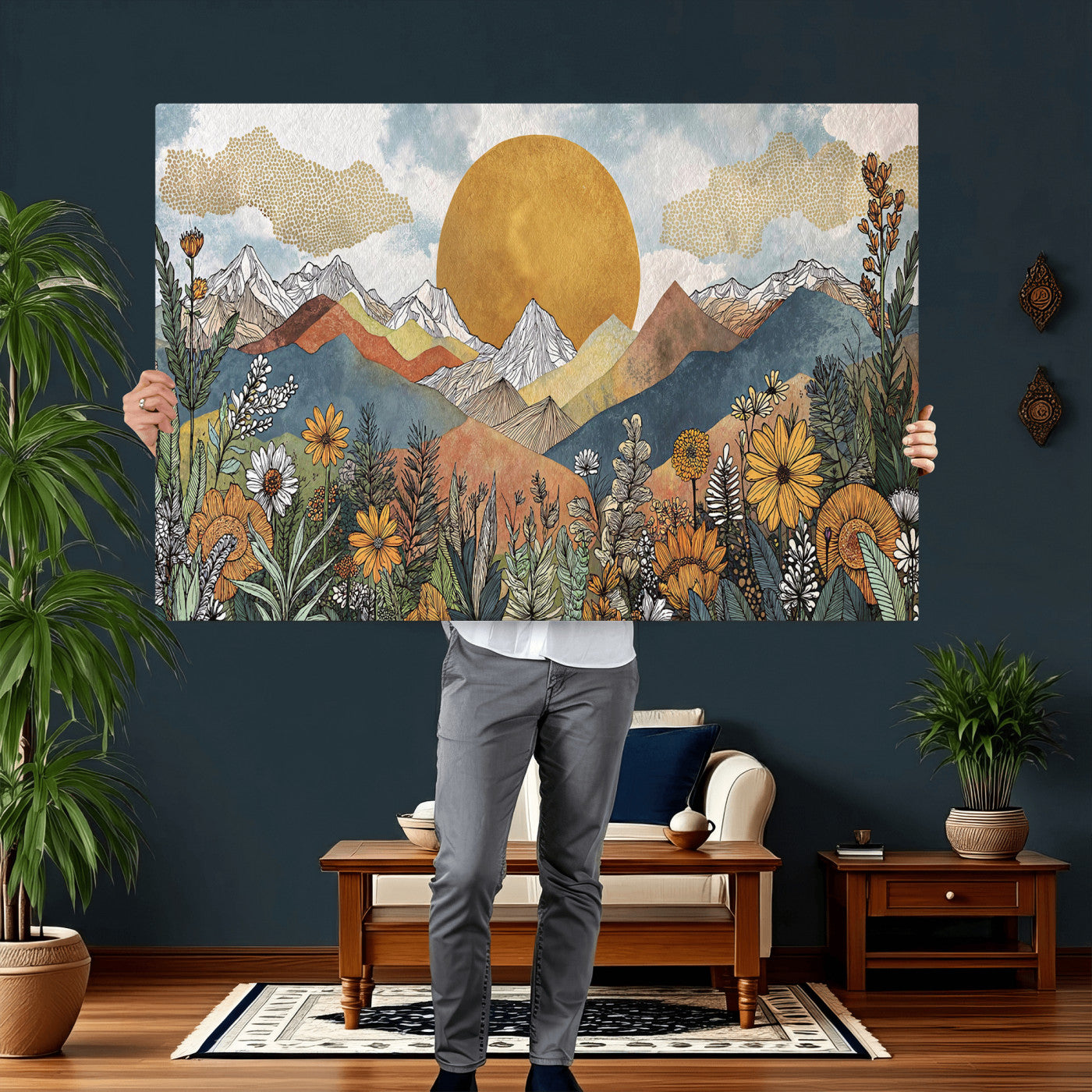 17540863-MGV-CV-36X24 - Boho Mountain Landscape Large Wall Art, Horizontal Gold Framed Canvas Print with Sun and Flowers
