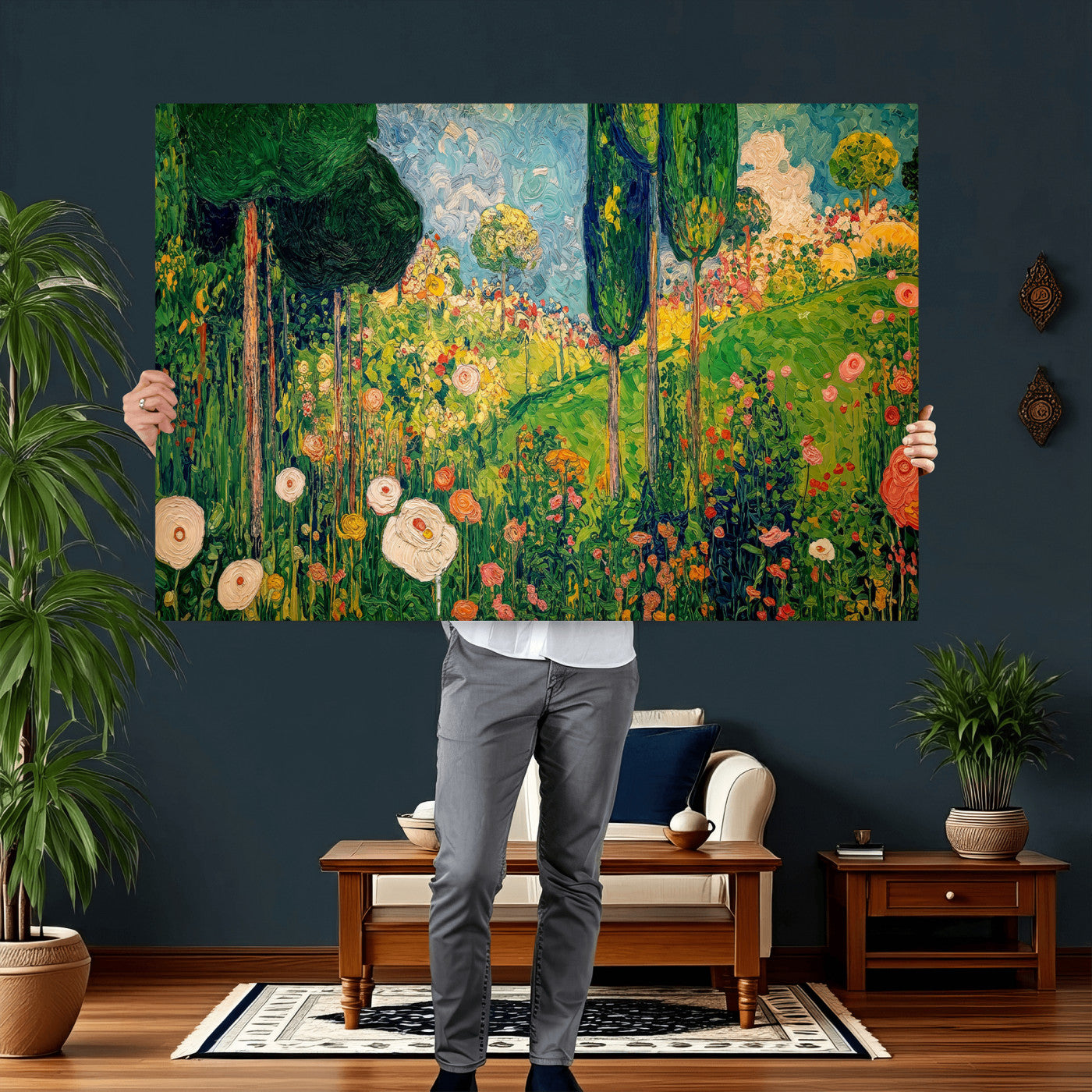 83517974-MGV-CV-36X24 - Gustav Klimt Boho Mountain Landscape Large Wall Art, Horizontal Gold Framed Canvas Print with Sun and Flowers