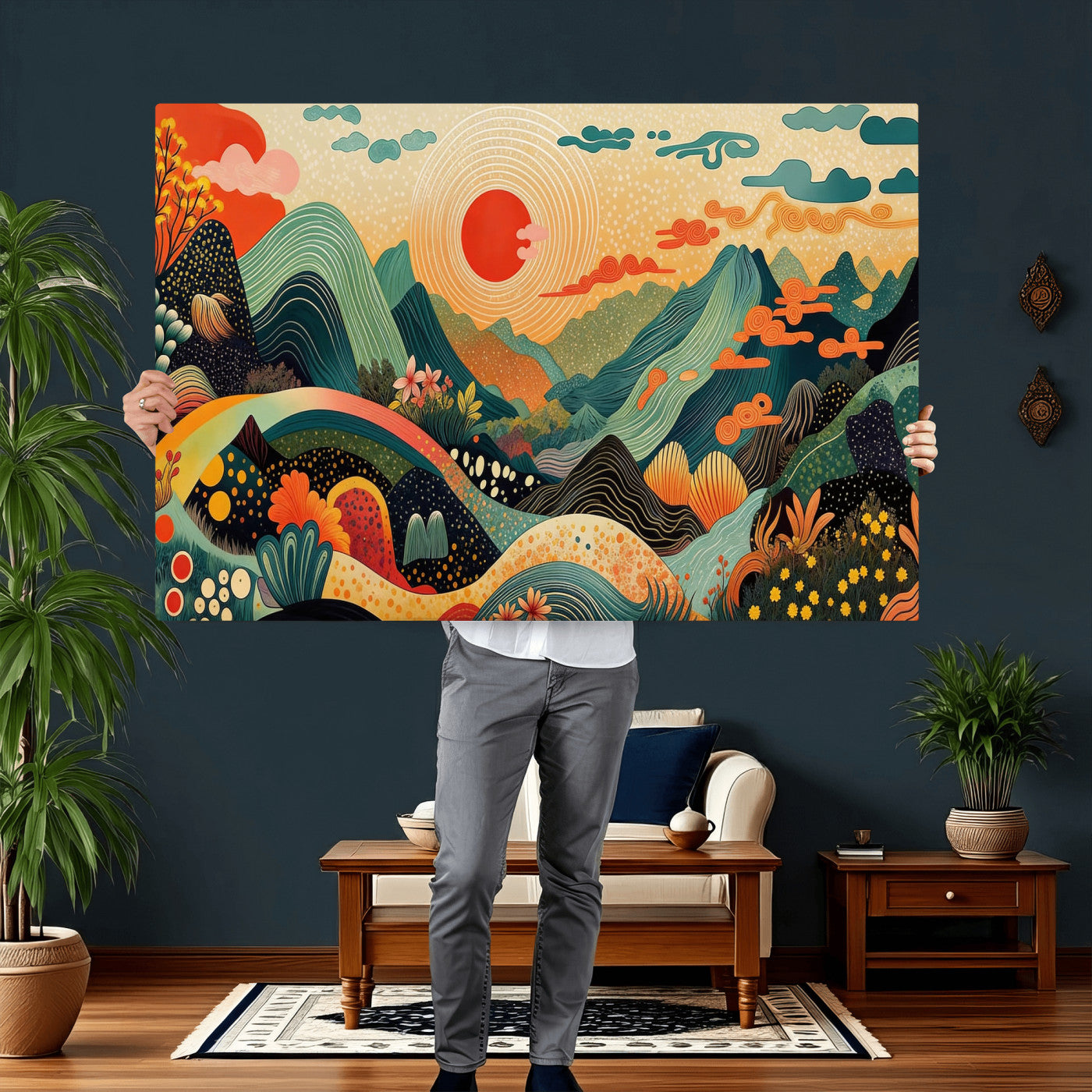 29927191-MGV-CV-36X24 - Yayoi Kusama Boho Mountain Landscape Large Wall Art, Horizontal Gold Framed Canvas Print with Sun and Flowers