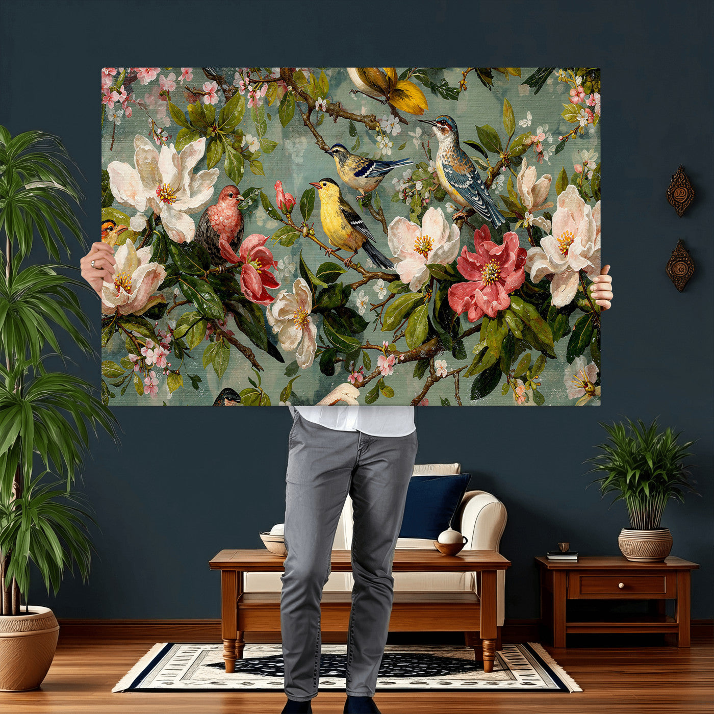 77883606-MGV-CV-36X24 - Vintage Birds and Flowers Wide Wall Art: Extra Large Panoramic Botanical Print